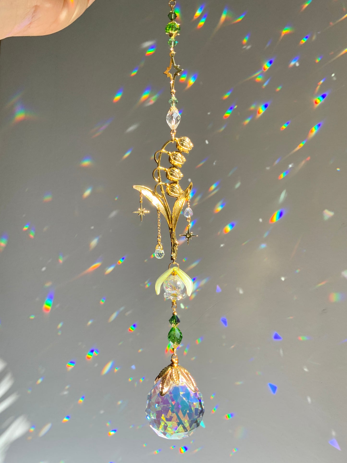 Lily of The Valley Crystal Ball Suncatcher, Gold-Plated May BirthFlower Window Charm with ombré prisms