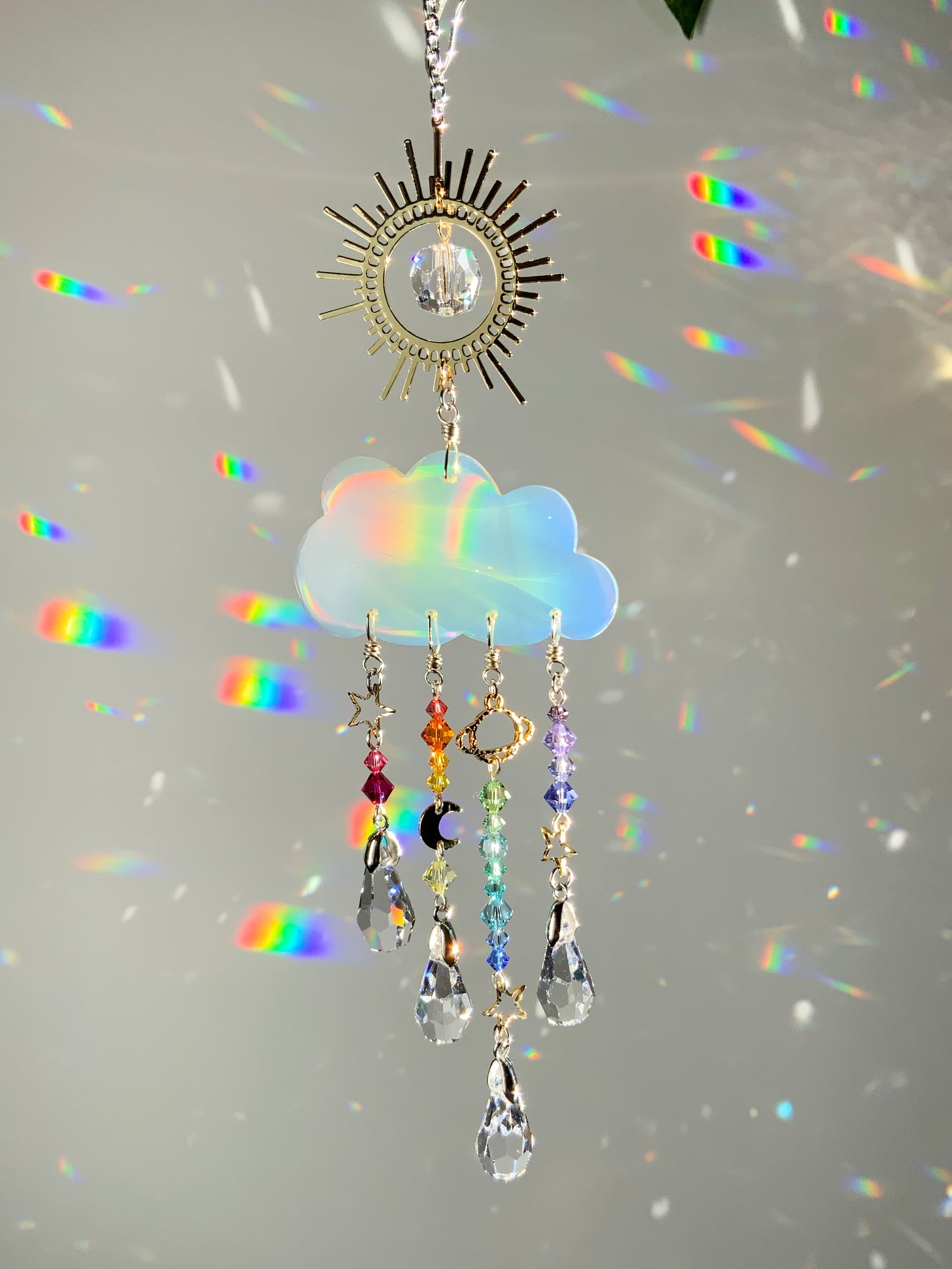 Hand-carved Opalite Rain Cloud Car Charm Suncatcher ~ 18k Gold-Plated, Stainless Steel, ombré Rainbow Crystal prisms