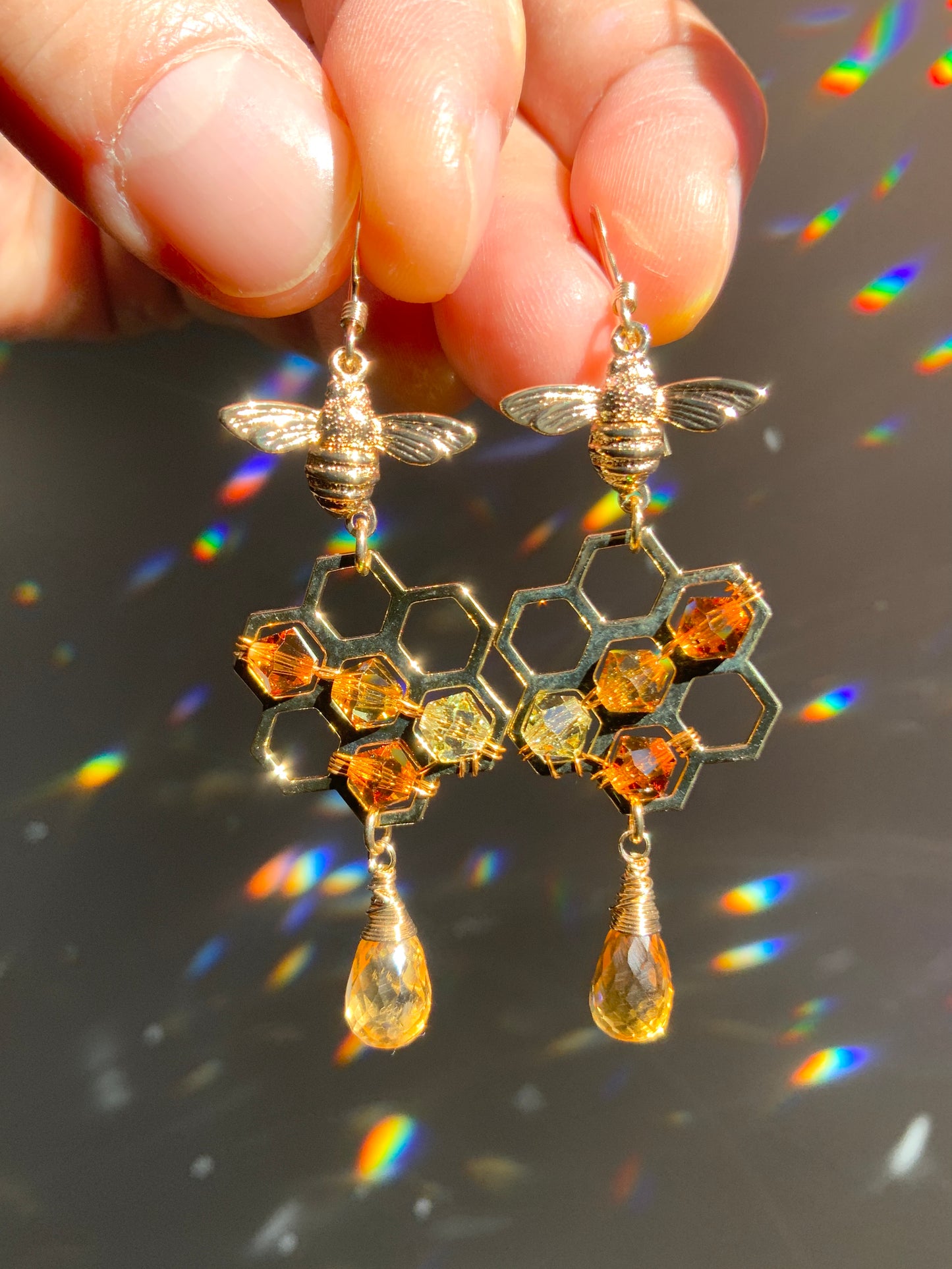 Citrine Honeycomb Bee Earrings with ombré Crystal prisms, 18k Gold-Plated Honeybee