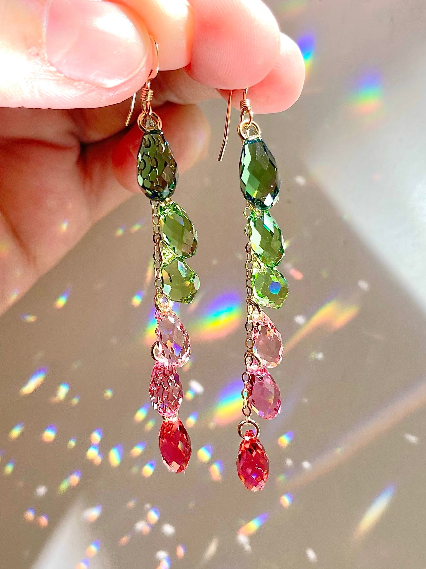 "Watermelon Spritzer" ~ *Luxe* Ombré Crystal Waterfall earrings, Sterling Silver or 14k Gold-Filled, pink green