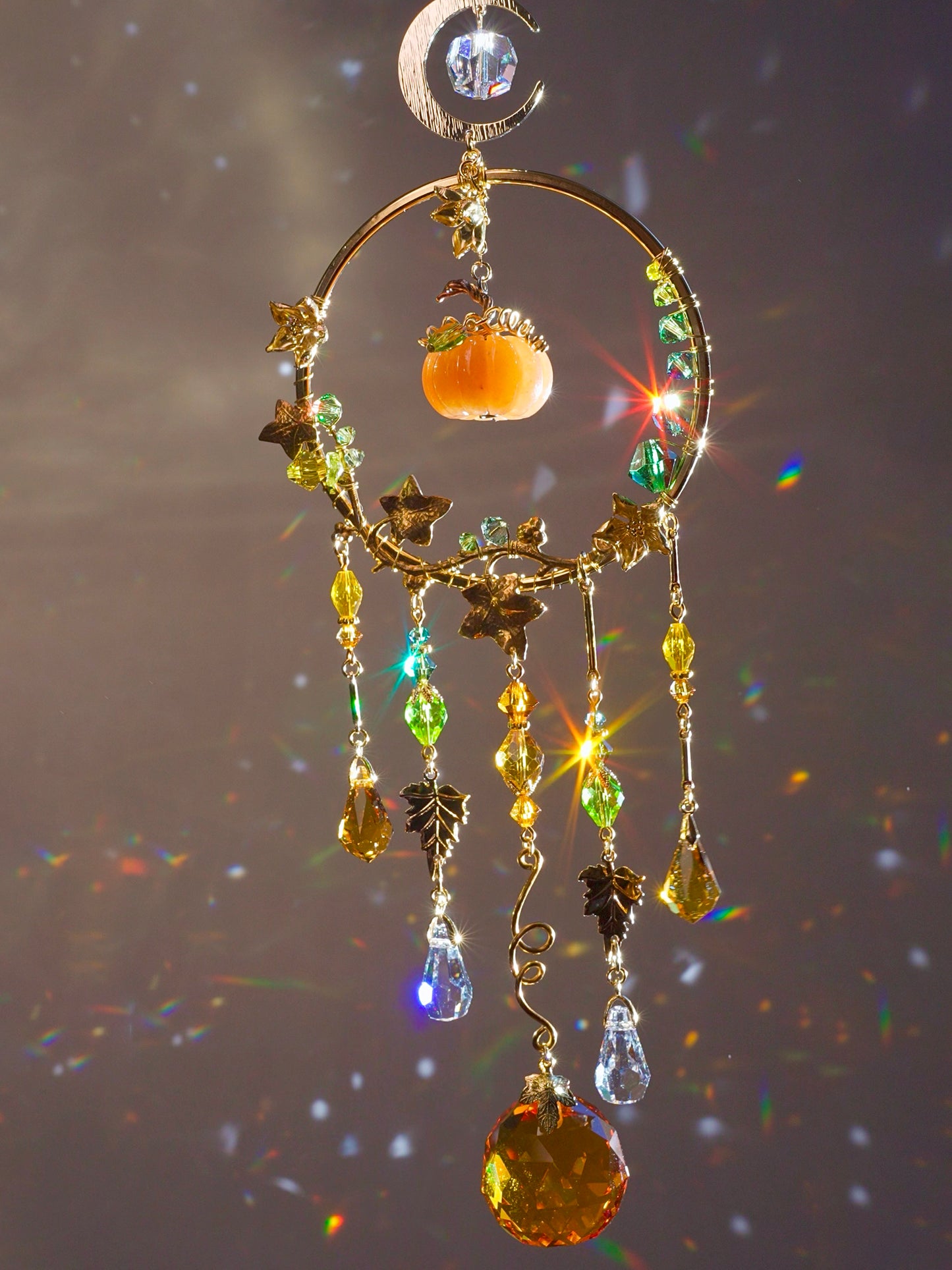 Orange Aventurine "Harvest pumpkin" Mini Suncatcher, Gemstone, Stainless Steel, Gold-plated Brass Crystal celestial witchy Halloween Decor
