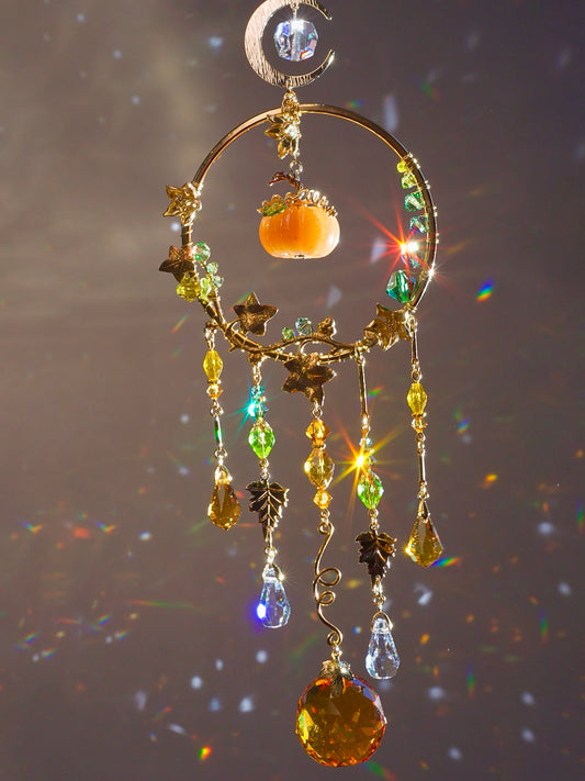 Orange Aventurine "Harvest pumpkin" Mini Suncatcher, Gemstone, Stainless Steel, Gold-plated Brass Crystal celestial witchy Halloween Decor