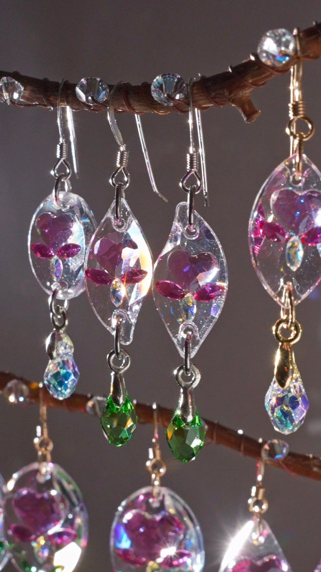 Prism Jewel Earrings~ XSmall Curvy Bleeding Heart Flower, made with rare/discontinued crystals— Choose Your Metal