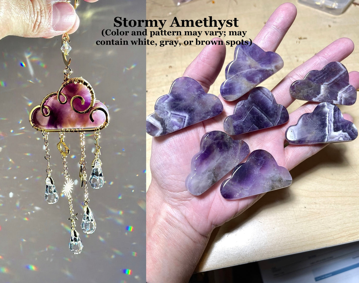 Gemstone Rain Cloud Car Charm Suncatcher ~ 18k Gold-Plated or Stainless Steel, Clear or Rose Quartz, Purple Jade or Lepidolite