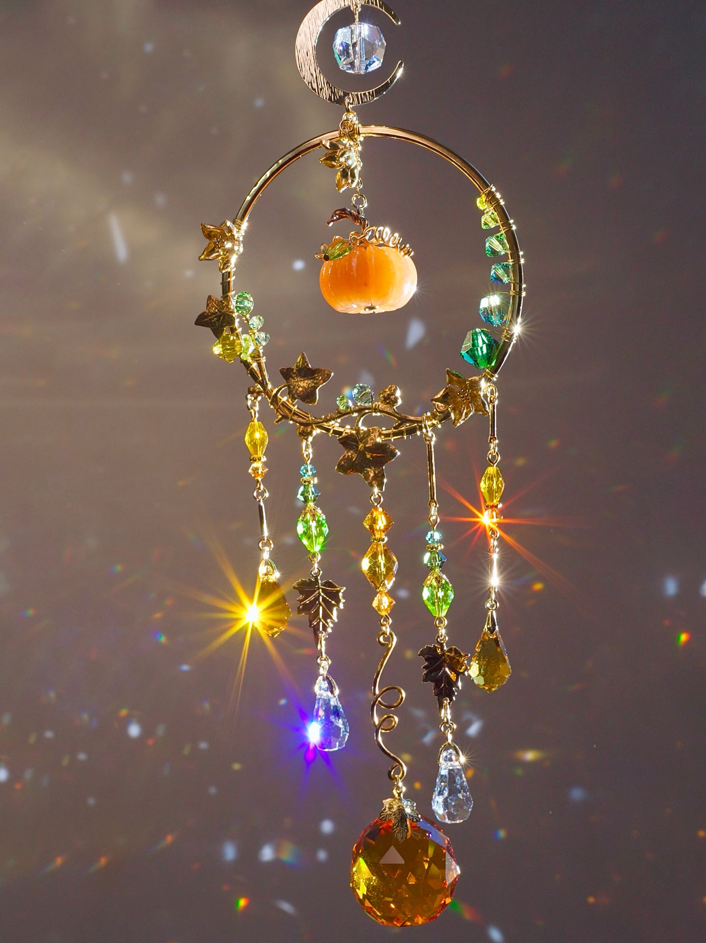 Orange Aventurine "Harvest pumpkin" Mini Suncatcher, Gemstone, Stainless Steel, Gold-plated Brass Crystal celestial witchy Halloween Decor
