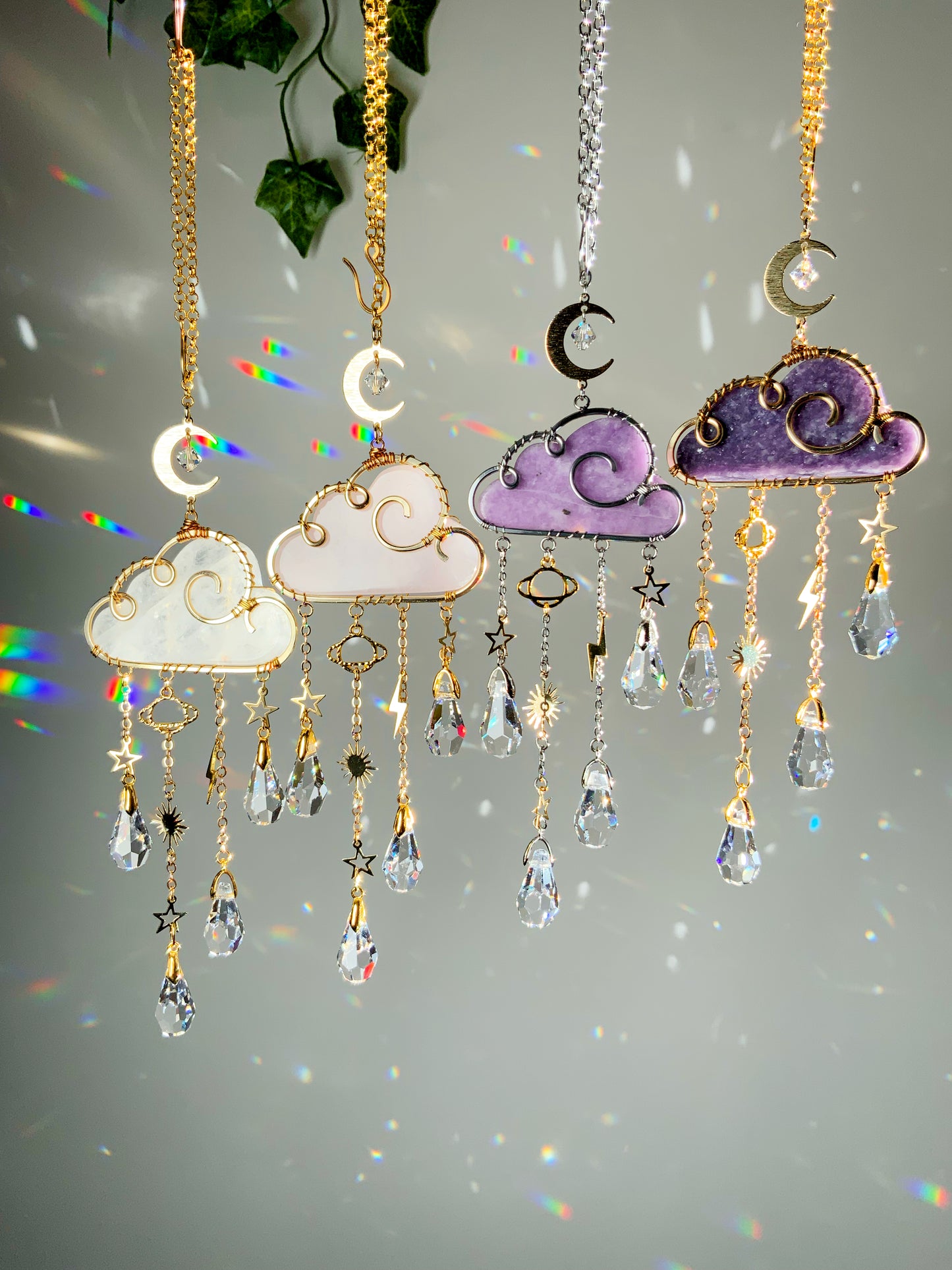 Gemstone Rain Cloud Car Charm Suncatcher ~ 18k Gold-Plated or Stainless Steel, Clear or Rose Quartz, Purple Jade or Lepidolite