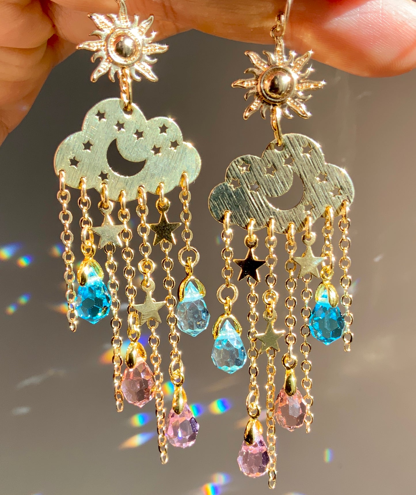 Ombré Sunrise Crystal Rain Cloud earrings~ 18k Gold-Plated Sun Moon Celestial prism Suncatcher jewelry