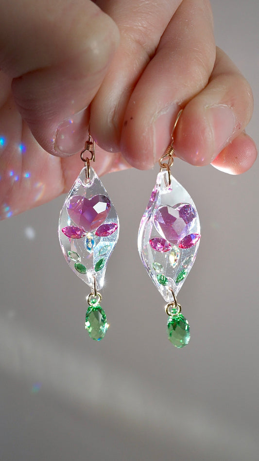 Prism Jewel Earrings~ Medium Curvy Bleeding Heart Flower, made with rare/discontinued crystals— Choose Your Metal