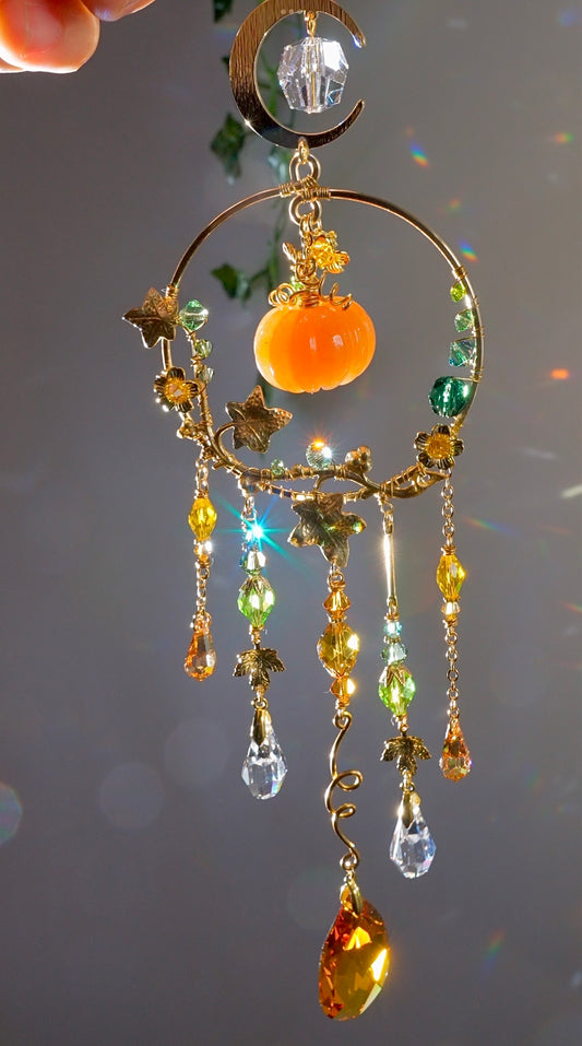 Orange Aventurine "Harvest pumpkin" Mini Suncatcher, Gemstone and Gold-plated Brass Crystal celestial witchy Halloween Decor