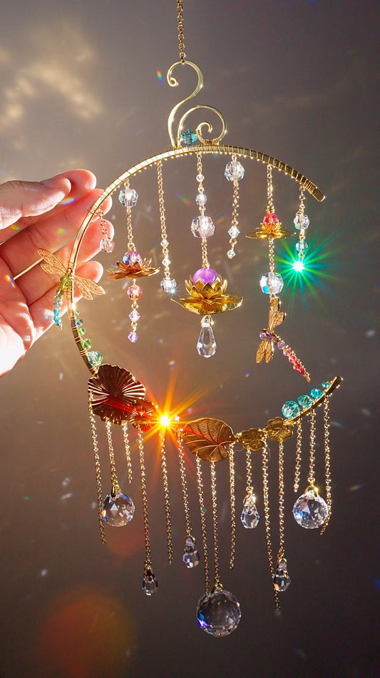 "Water Lily Mist" ~ Dragonfly Lotus Lily Pad Crystal Ball Suncatcher, 18k Gold-Plated Boho Room Decor, July Birthflower
