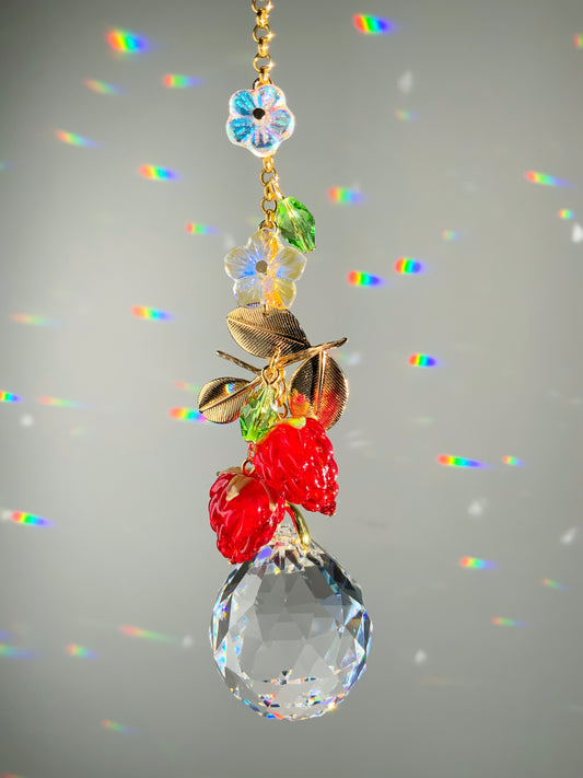 Raspberry Blossom Crystal Car Charm Hanger, 18k Gold-Plated Fruit red berries Suncatcher decor auto decoration accessories