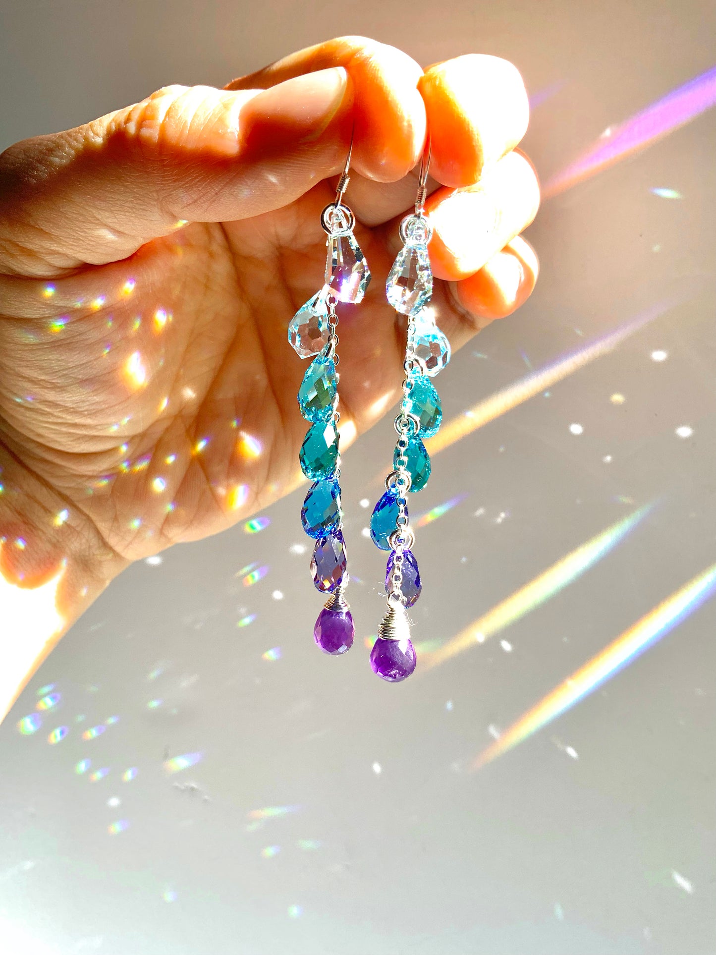 "Amethyst Lagoon" ~ *Luxe* Ombré Crystal Waterfall earrings with Super Rare Colors, Sterling Silver or 14k Gold-Filled