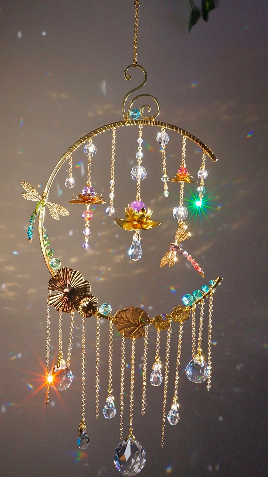 "Water Lily Mist" ~ Dragonfly Lotus Lily Pad Crystal Ball Suncatcher, 18k Gold-Plated Boho Room Decor, July Birthflower