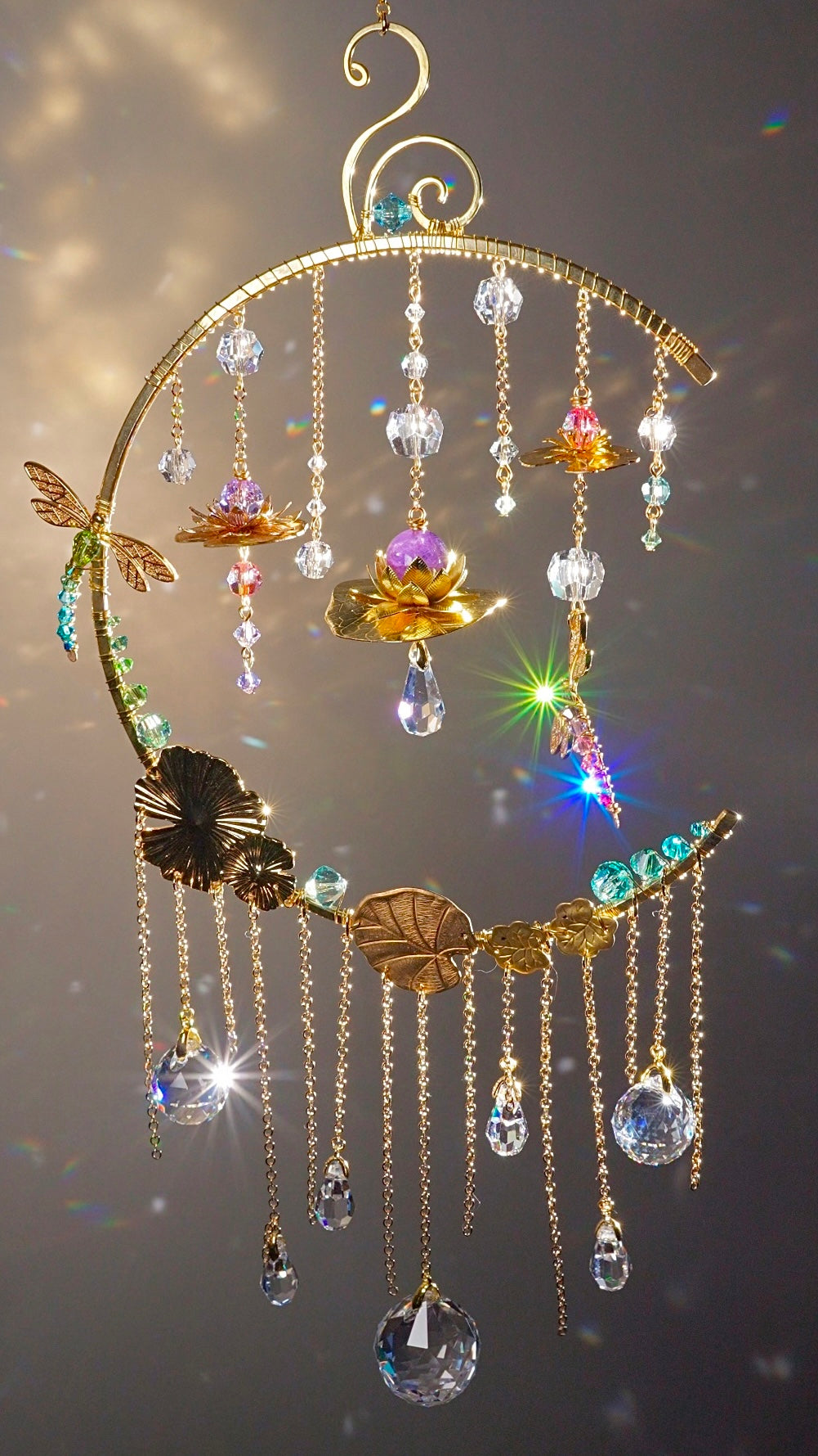 "Water Lily Mist" ~ Dragonfly Lotus Lily Pad Crystal Ball Suncatcher, 18k Gold-Plated Boho Room Decor, July Birthflower