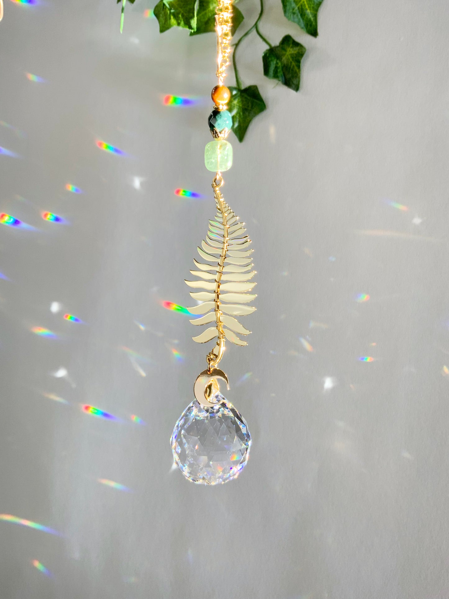 Green Kyanite Fern Car Charm, 18k Gold-Plated Witchy Celestial Moon Crystal Prism suncatcher, rearview mirror hanger