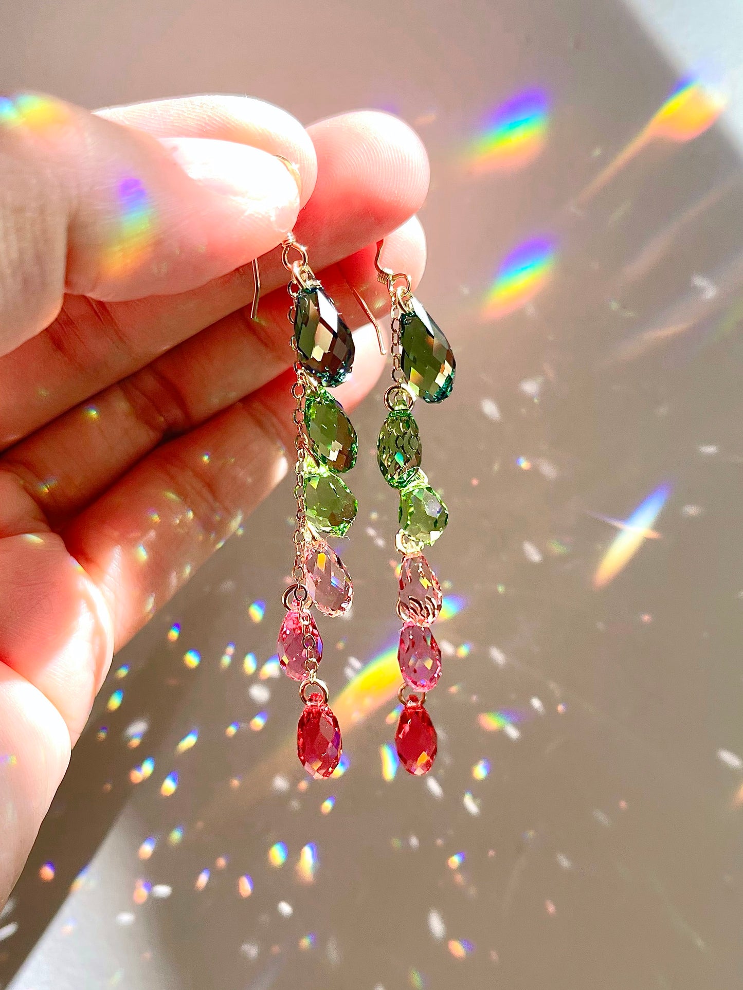 "Watermelon Spritzer" ~ *Luxe* Ombré Crystal Waterfall earrings, Sterling Silver or 14k Gold-Filled, pink green