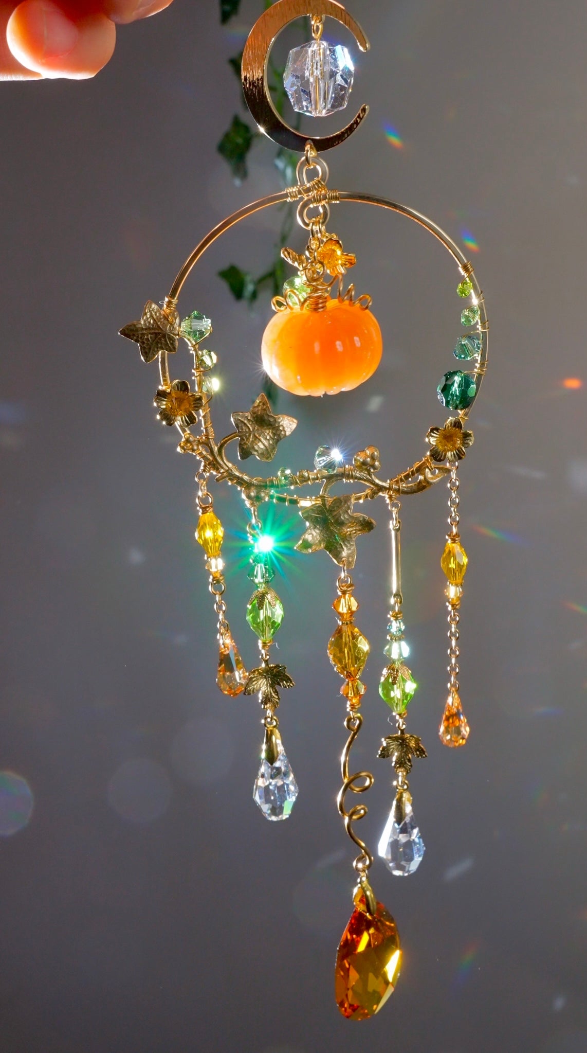 Orange Aventurine "Harvest pumpkin" Mini Suncatcher, Gemstone and Gold-plated Brass Crystal celestial witchy Halloween Decor