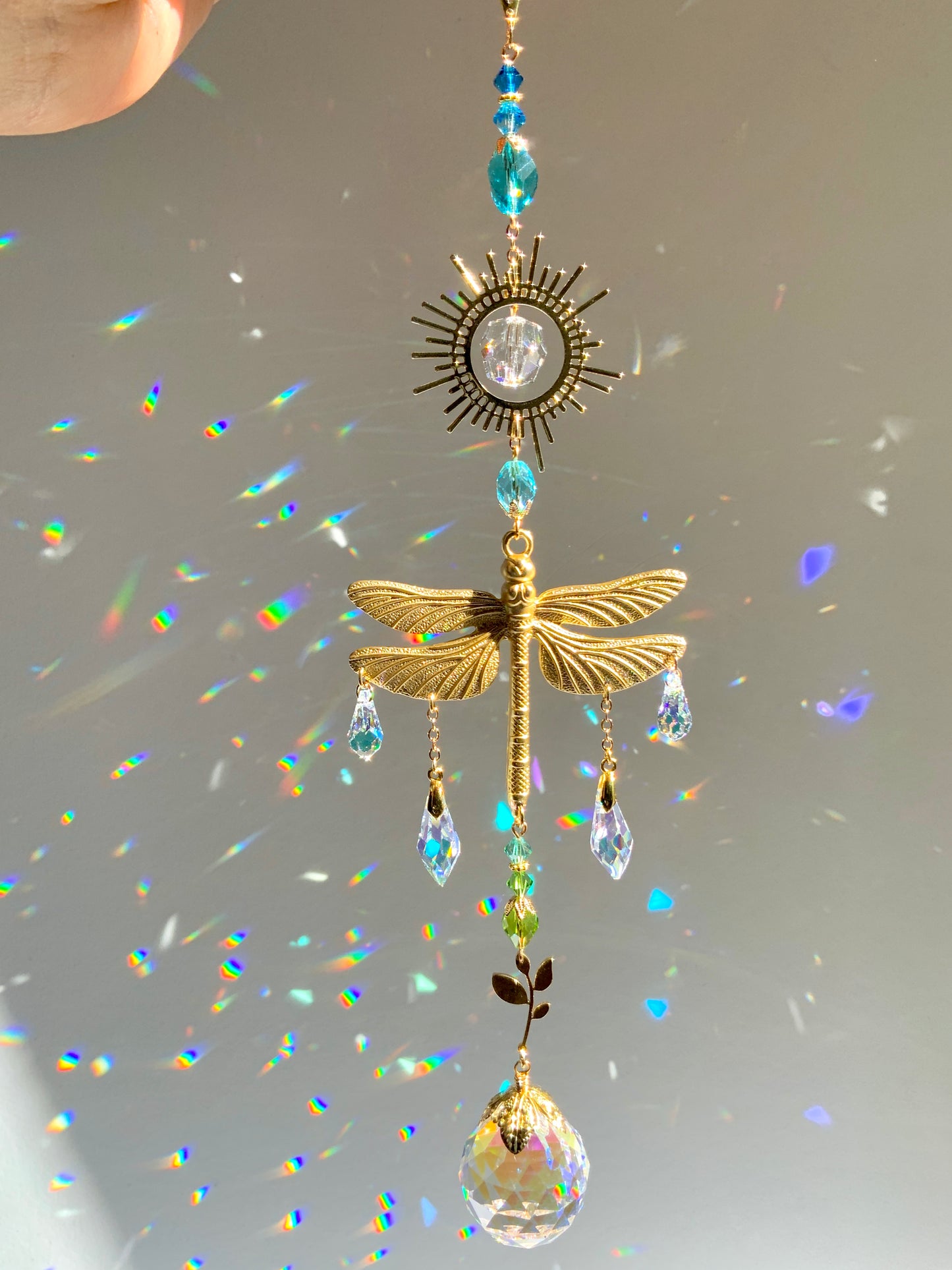 "Horizon" Dragonfly Crystal Ball Suncatcher, 18k Gold-Plated Sun Window Charm with ombré prisms
