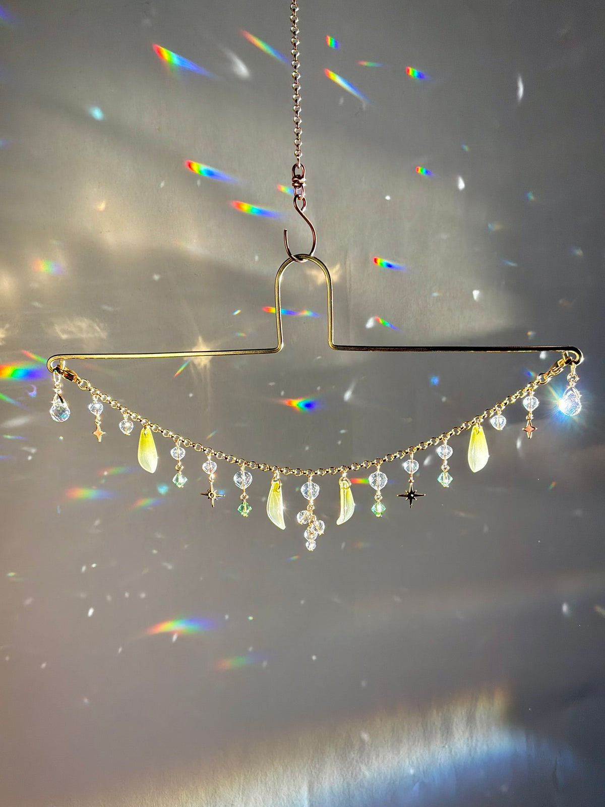 Lily of the Valley Moon Car Mirror Chain, 18k Gold-Plated May Birthflower Crystal Prism Suncatcher, car hanger