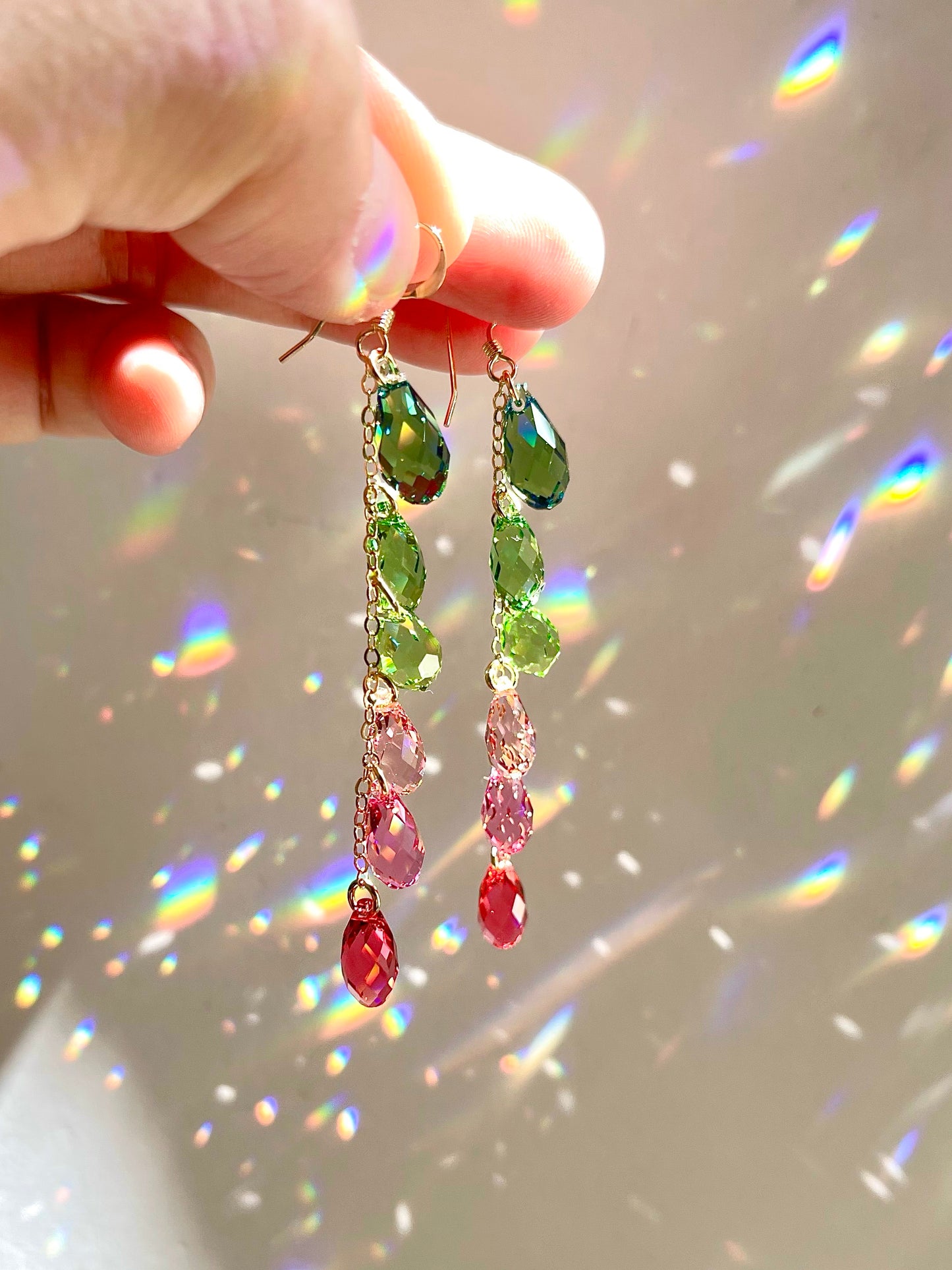 "Watermelon Spritzer" ~ *Luxe* Ombré Crystal Waterfall earrings, Sterling Silver or 14k Gold-Filled, pink green