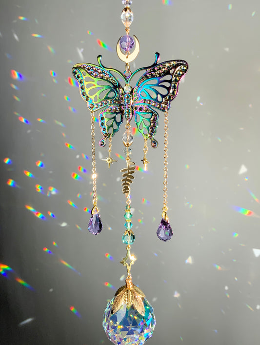 Mystic Butterfly Crystal Ball Suncatcher, Celestial Window Charm made with ombré prisms and 18k Gold-Plated brass