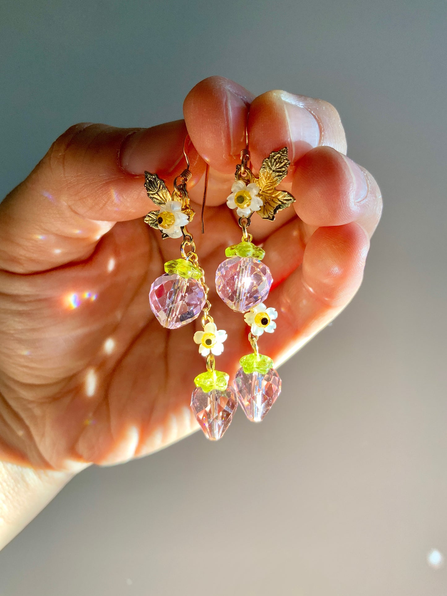 Pink Sparkle Strawberry Blossom Earrings~ Mother of Pearl, Crystal Prisms, 18k Gold-Plated Fruit jewelry