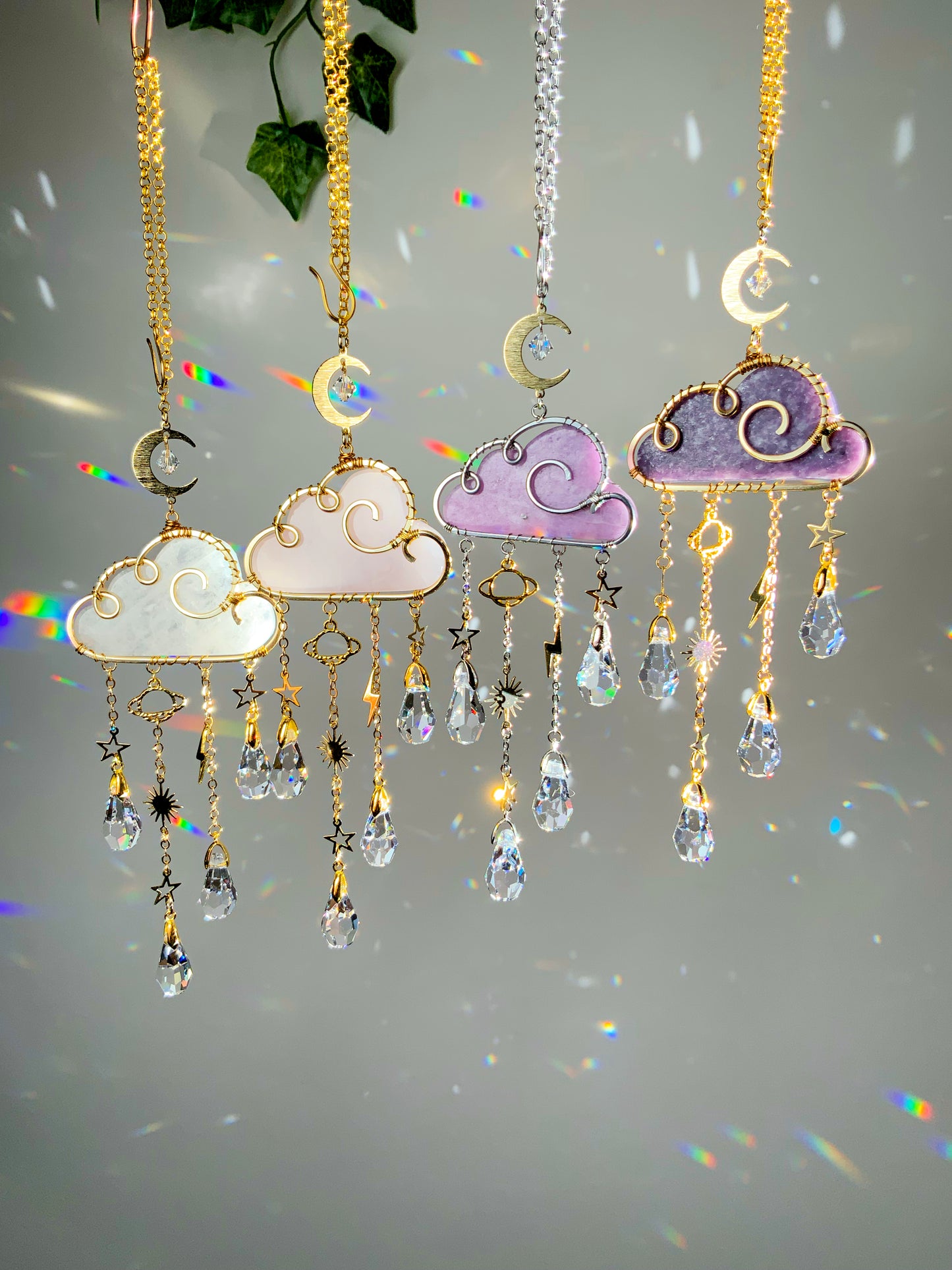 Gemstone Rain Cloud Car Charm Suncatcher ~ 18k Gold-Plated or Stainless Steel, Clear or Rose Quartz, Purple Jade or Lepidolite