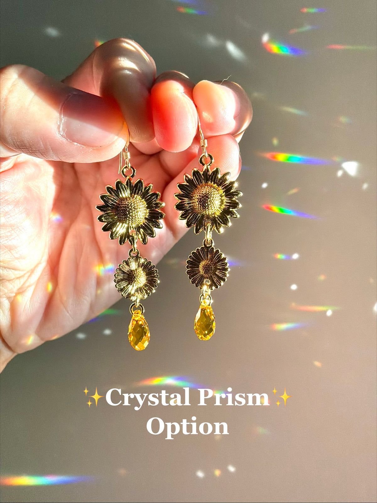 Sunflowers & Citrine 18k Gold-plated Gemstone Earrings or Crystal prisms
