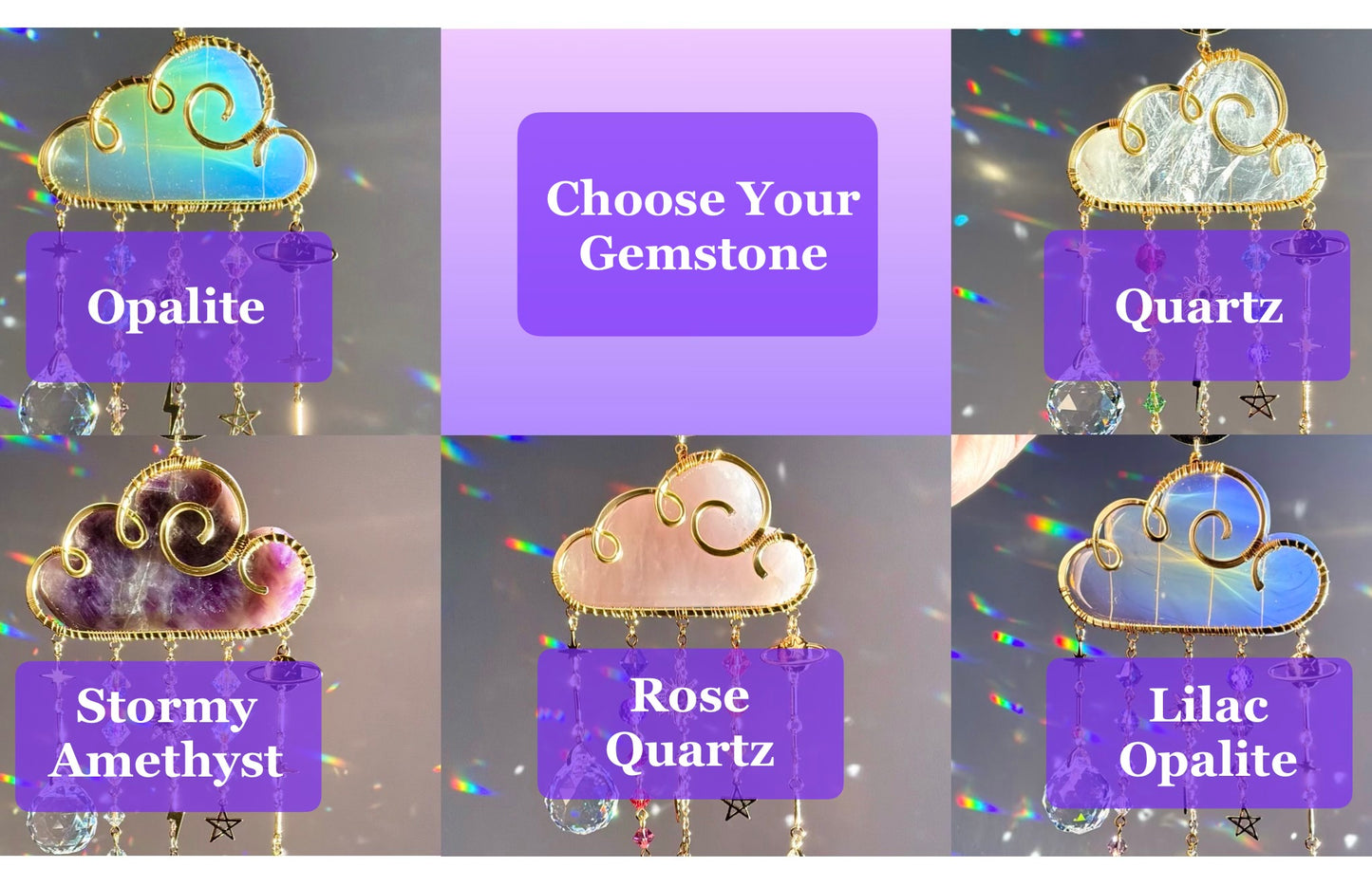 Large Gemstone Rain Cloud Suncatchers ~ 18k Gold-Plated or Stainless Steel, Clear/ Rose Quartz, Purple Opalite, Amethyst with Crystal Prisms