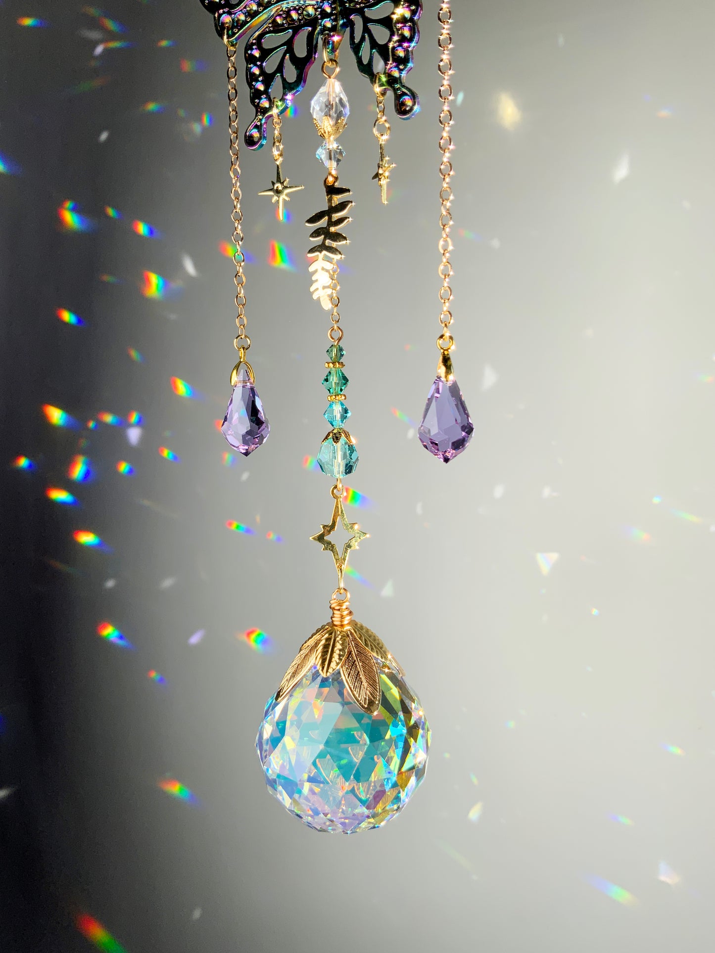 Mystic Butterfly Crystal Ball Suncatcher, Celestial Window Charm made with ombré prisms and 18k Gold-Plated brass