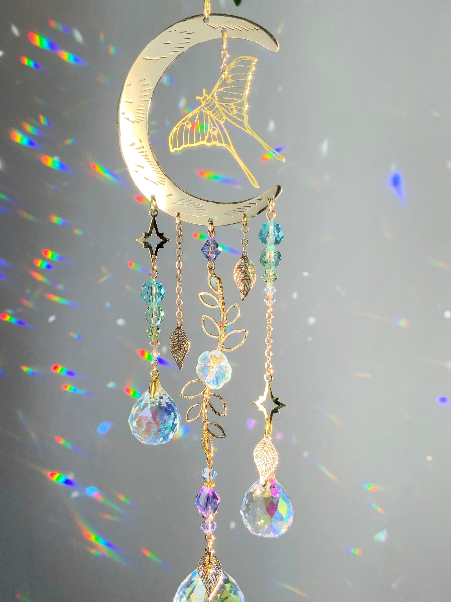 "Flight of the Luna Moth" Suncatcher, Bronze and 18k Gold-Plated Witchy Crystal Celestial Moonflower room decor