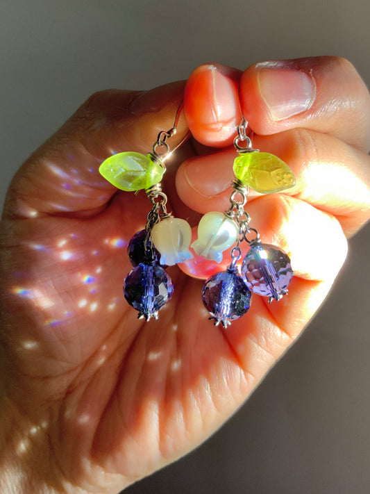Sparkle Blueberry Blossom Earrings~ Mother of Pearl, Crystal, Sterling Silver or 18k Gold-Plated Fruit jewelry
