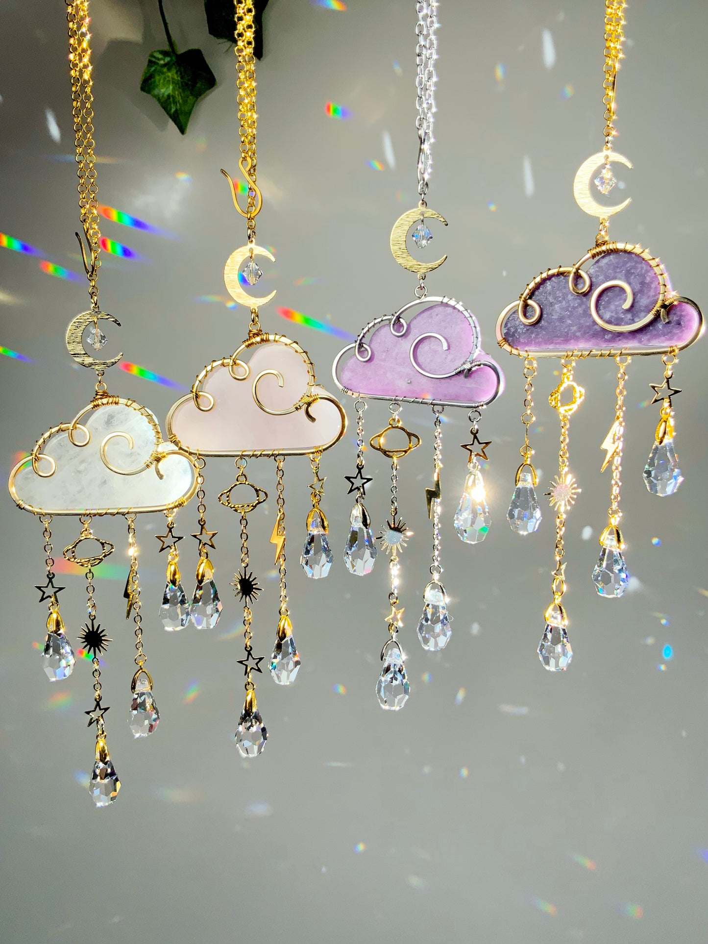 Gemstone Rain Cloud Car Charm Suncatcher ~ 18k Gold-Plated or Stainless Steel, Clear or Rose Quartz, Purple Jade or Lepidolite