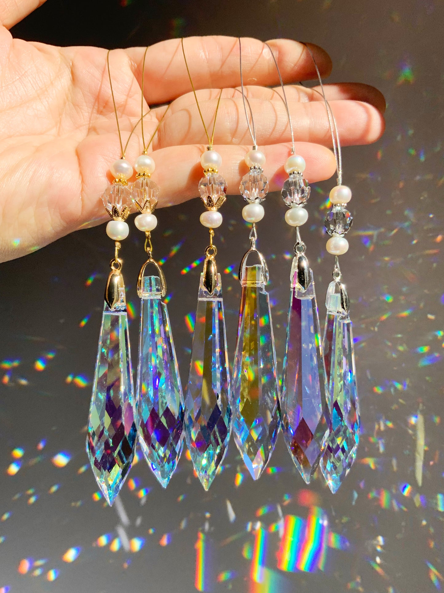 Icicles for Christmas Tree Ornaments ~ Winter Yule Freshwater Pearl, Crystal Prism Suncatcher home decor rainbow maker