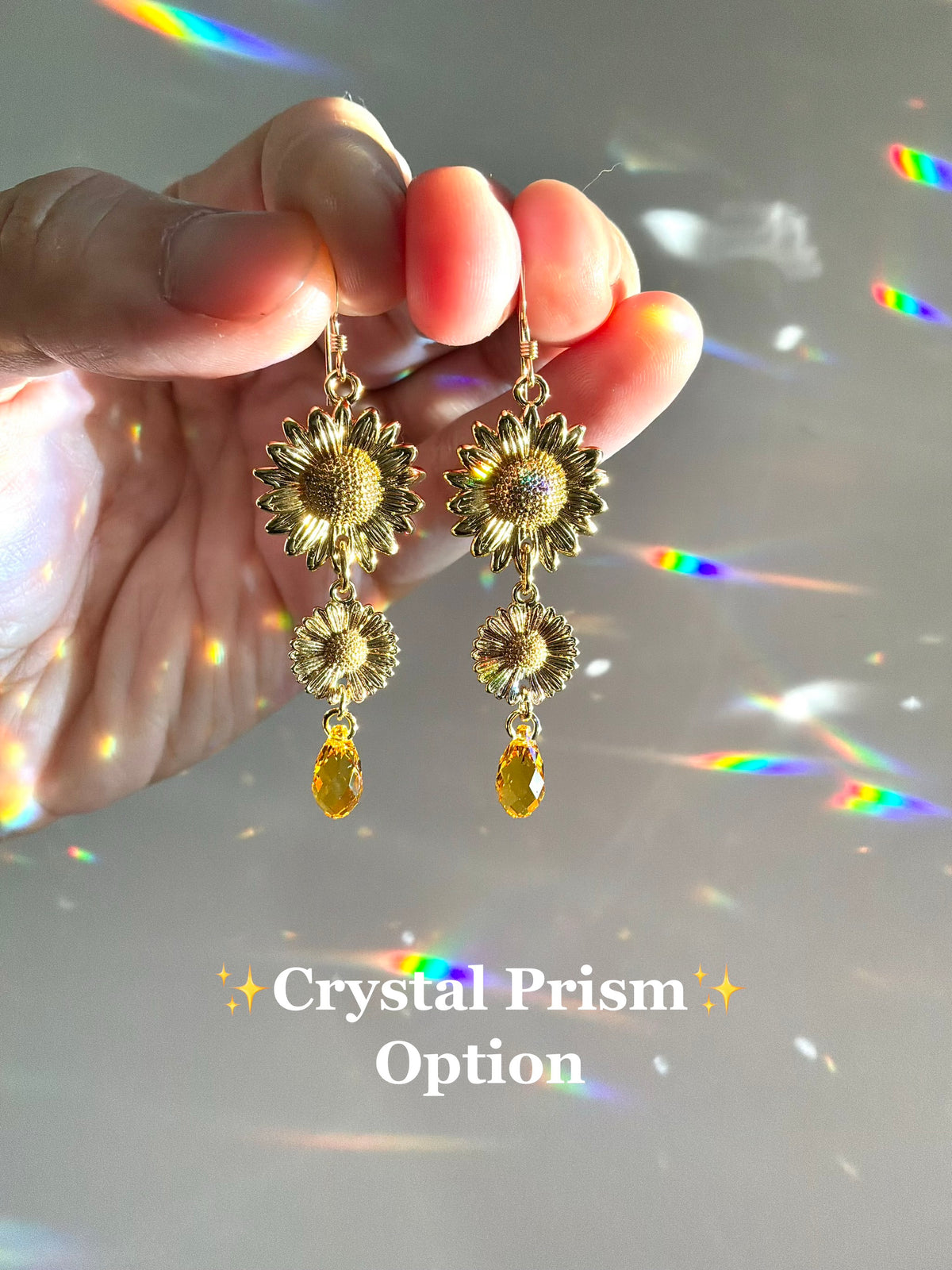 Sunflowers & Citrine 18k Gold-plated Gemstone Earrings or Crystal prisms