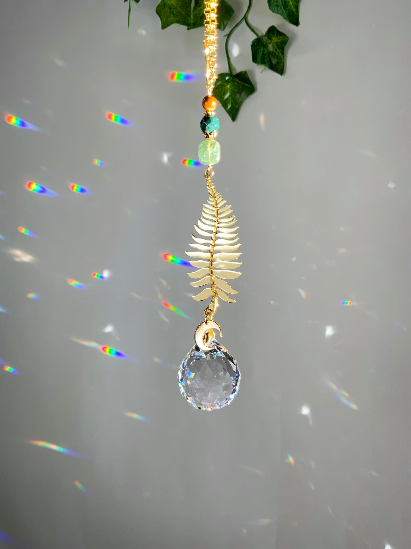 Green Kyanite Fern Car Charm, 18k Gold-Plated Witchy Celestial Moon Crystal Prism suncatcher, rearview mirror hanger