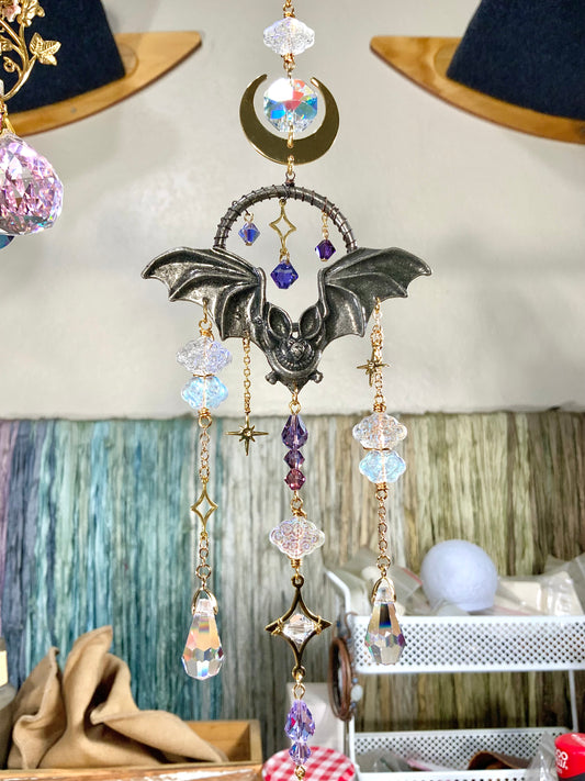 "Night Flight" Bat Mini Suncatcher, 18k Gold-Plated Moon Starry Night Clouds Crystal prisms, spooky Halloween Suncatchers