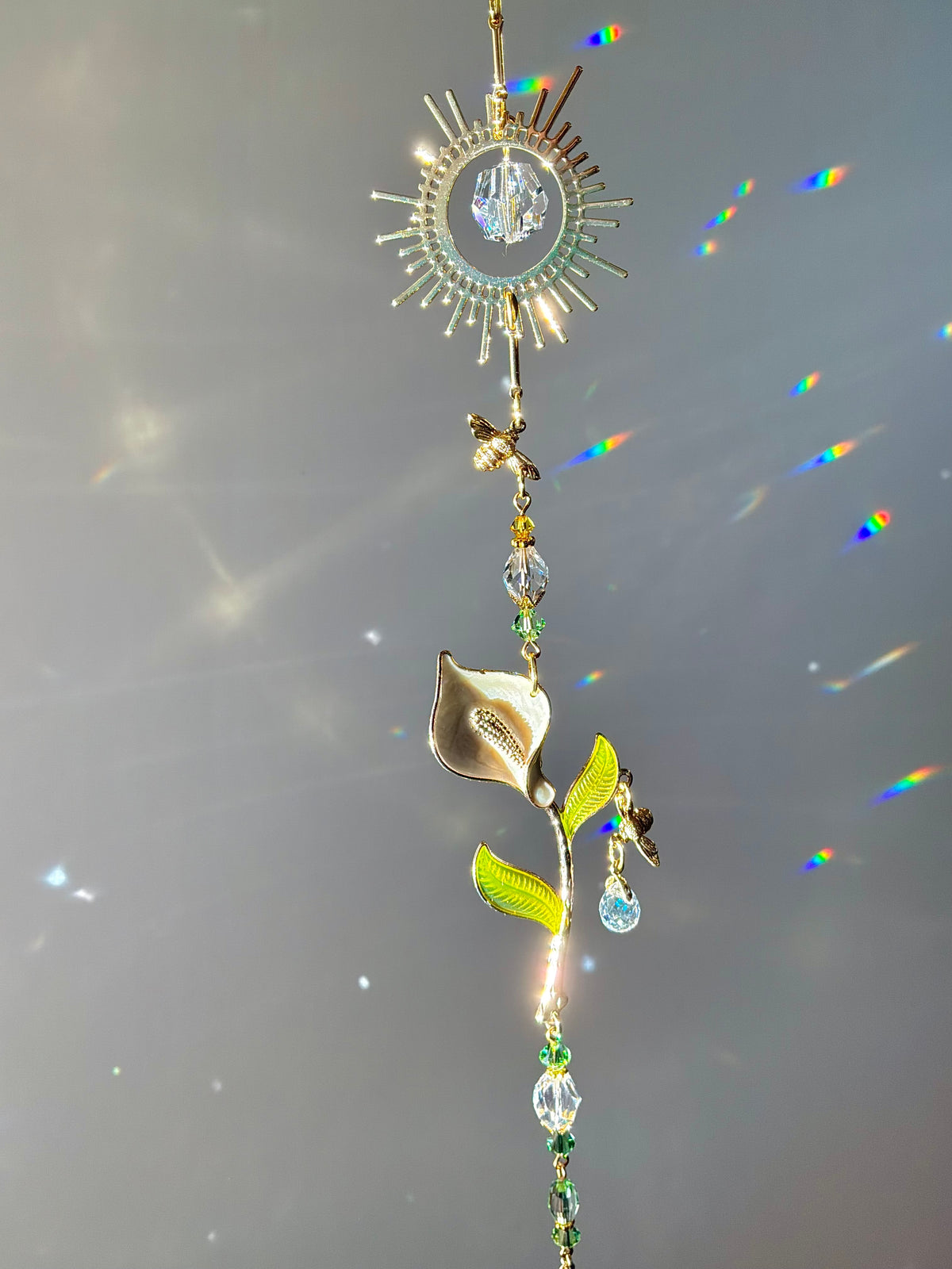 Calla Lily Crystal Ball Suncatcher, Enamel and 18k Gold-Plated Floral Botanical Prism Window Decor