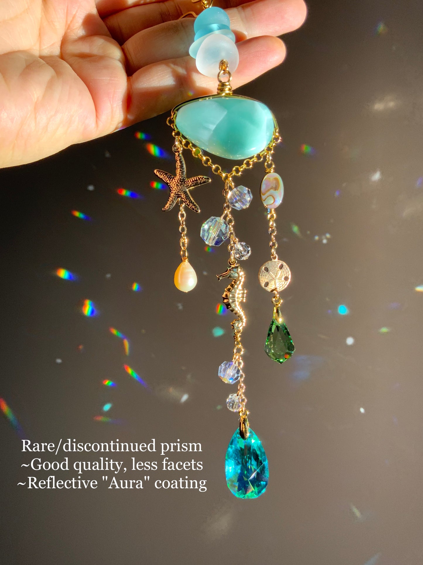 "Sea Reef" ~ Green Moonstone Car Charm with Pearl, Abalone Paua Shell, 18k Gold-Plated Starfish, Seahorse, Sand Dollar