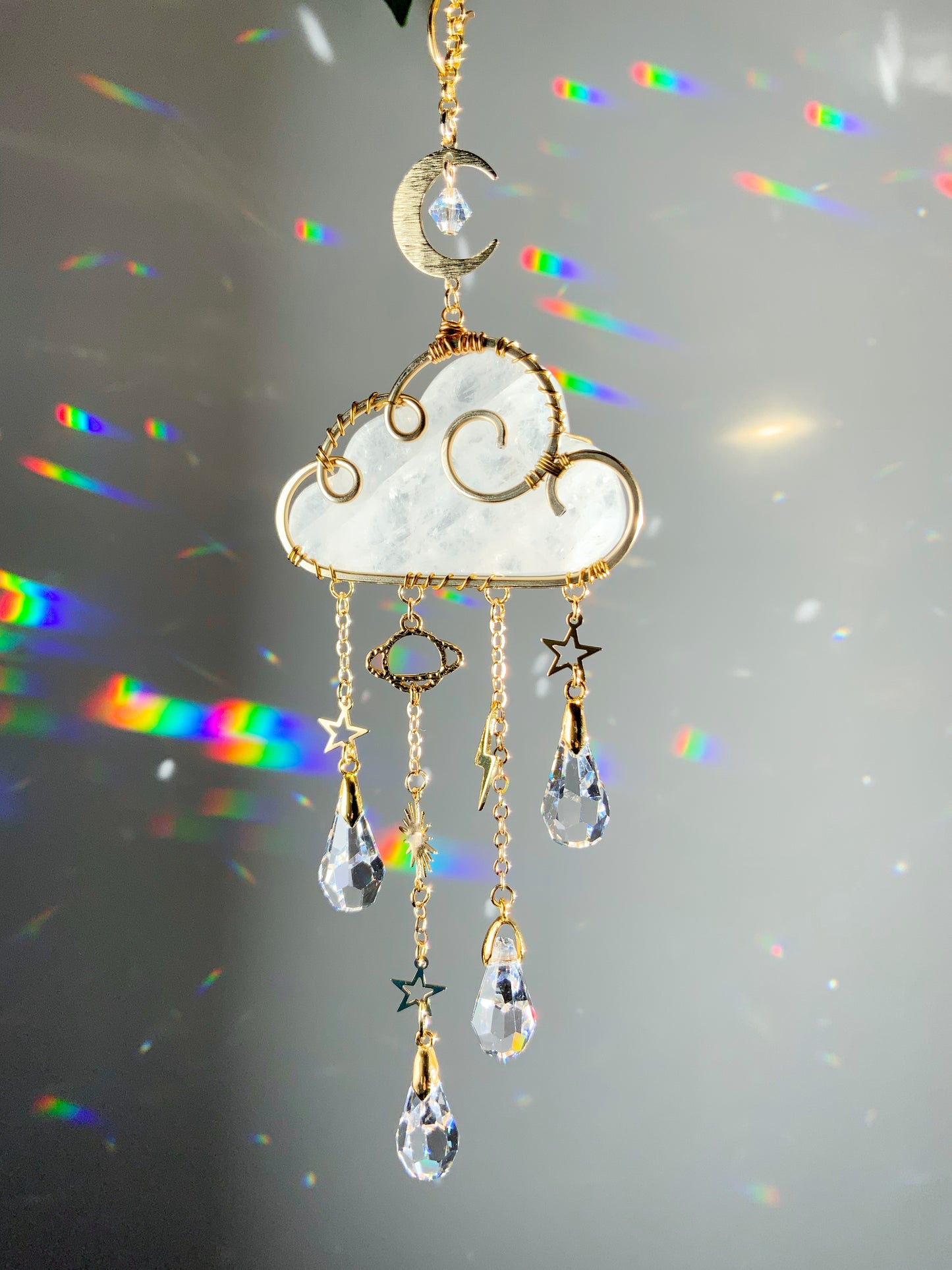 Gemstone Rain Cloud Car Charm Suncatcher ~ 18k Gold-Plated or Stainless Steel, Clear or Rose Quartz, Purple Jade or Lepidolite