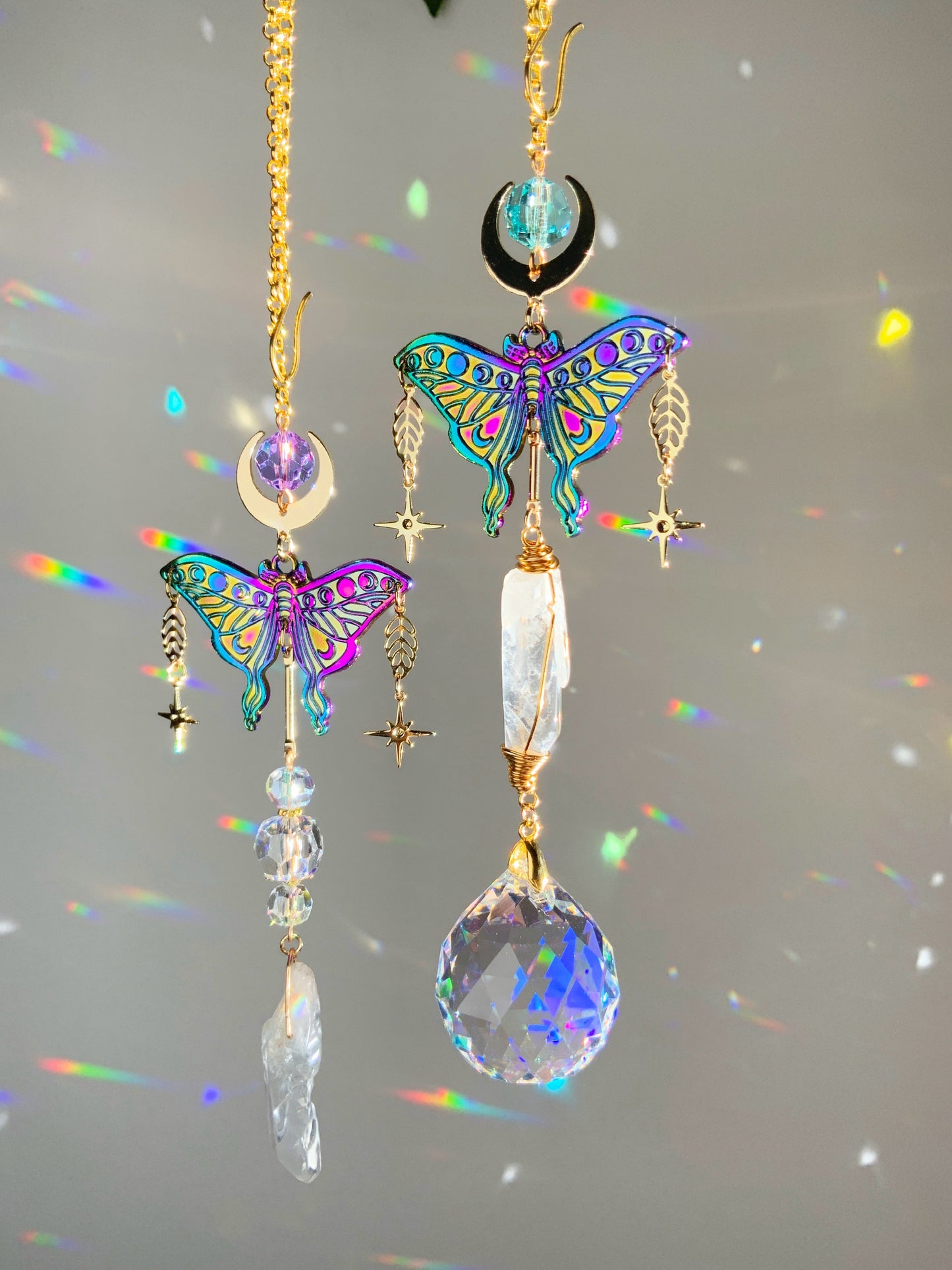 Mystic Luna Moth Car Charm, Raw Quartz 18k Gold-Plated Witchy Celestial Moon Stars Prism suncatcher, rearview mirror hanger