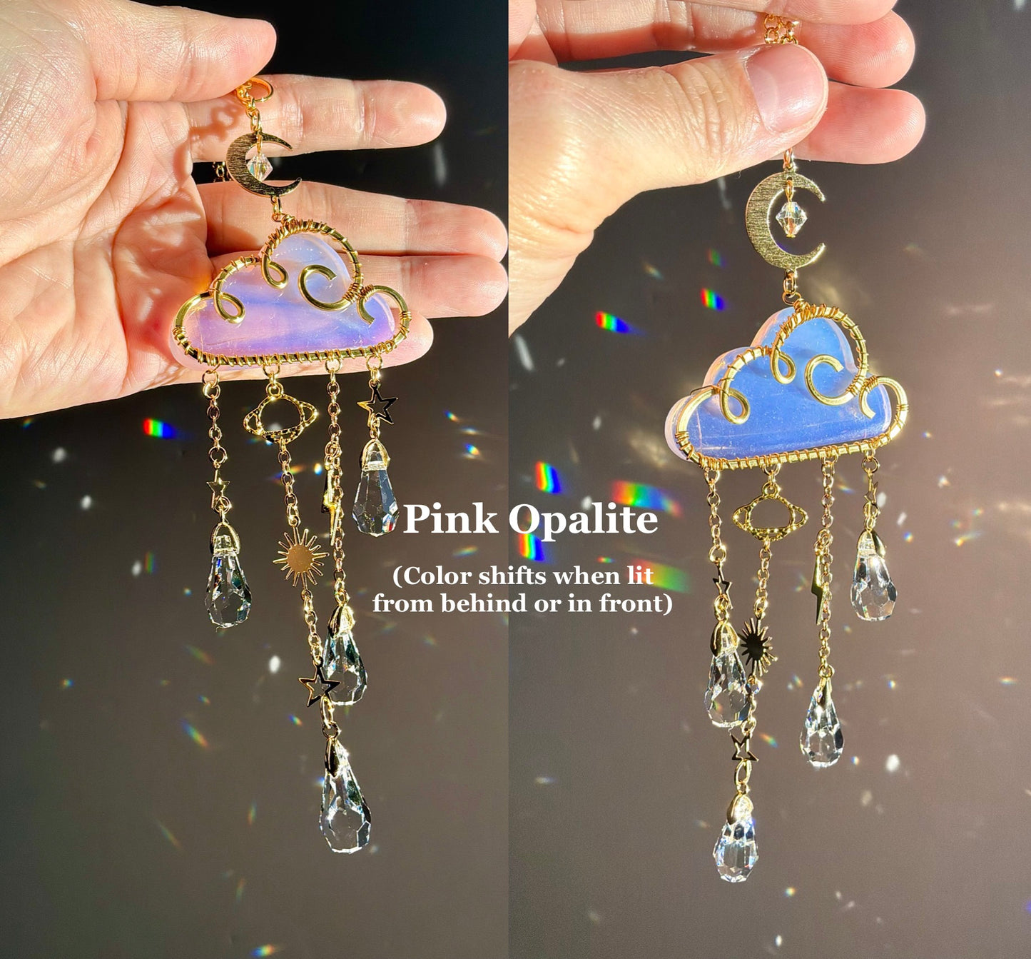 Gemstone Rain Cloud Car Charm Suncatcher ~ 18k Gold-Plated or Stainless Steel, Clear or Rose Quartz, Purple Jade or Lepidolite