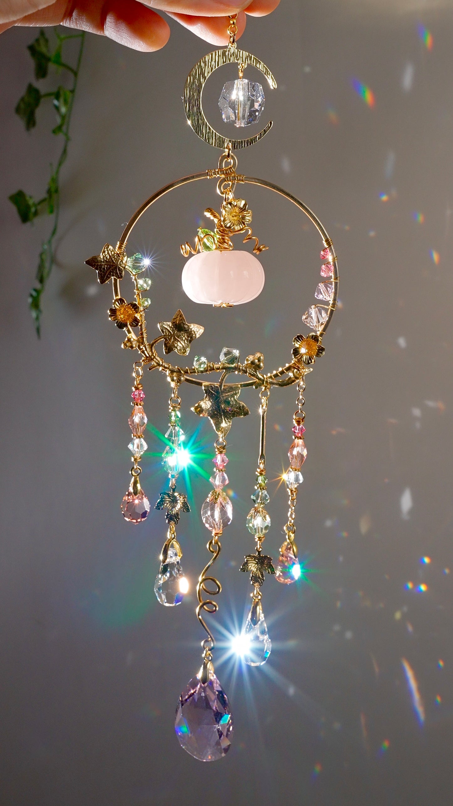 Rose Quartz "Harvest pumpkin" Mini Suncatcher, Gemstone and Gold-plated Brass Crystal celestial witchy Halloween Decor