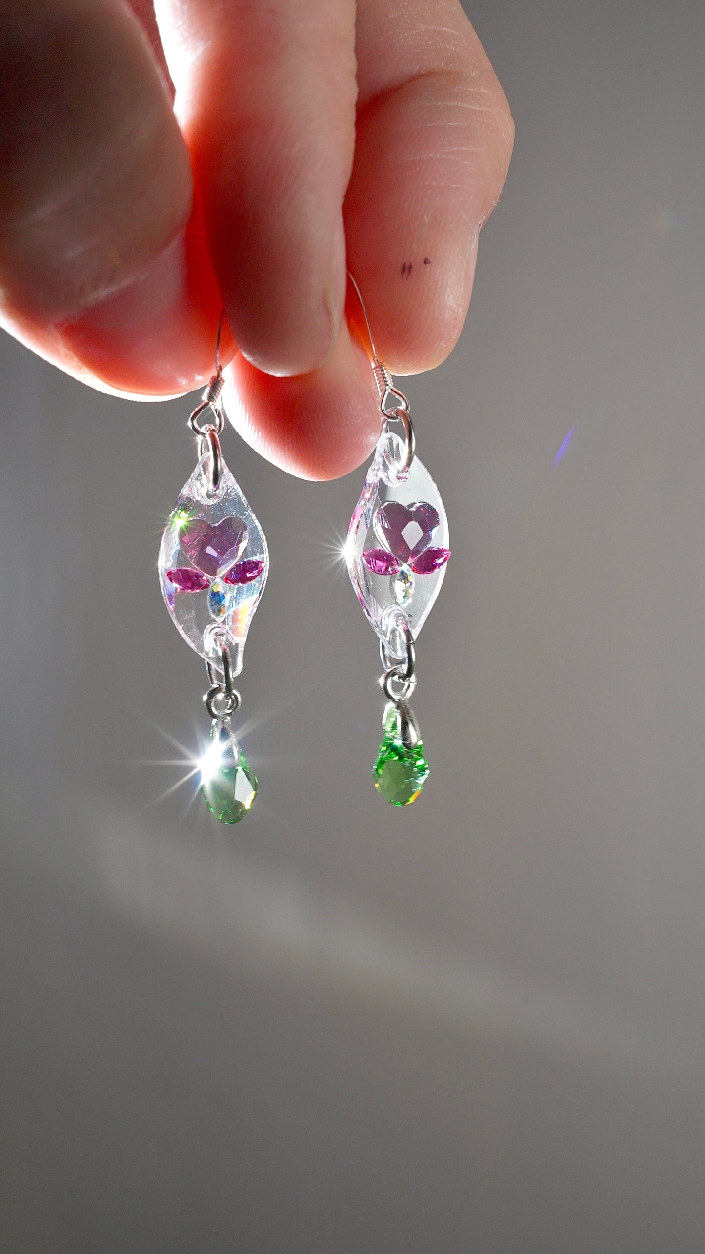 Prism Jewel Earrings~ XSmall Curvy Bleeding Heart Flower, made with rare/discontinued crystals— Choose Your Metal