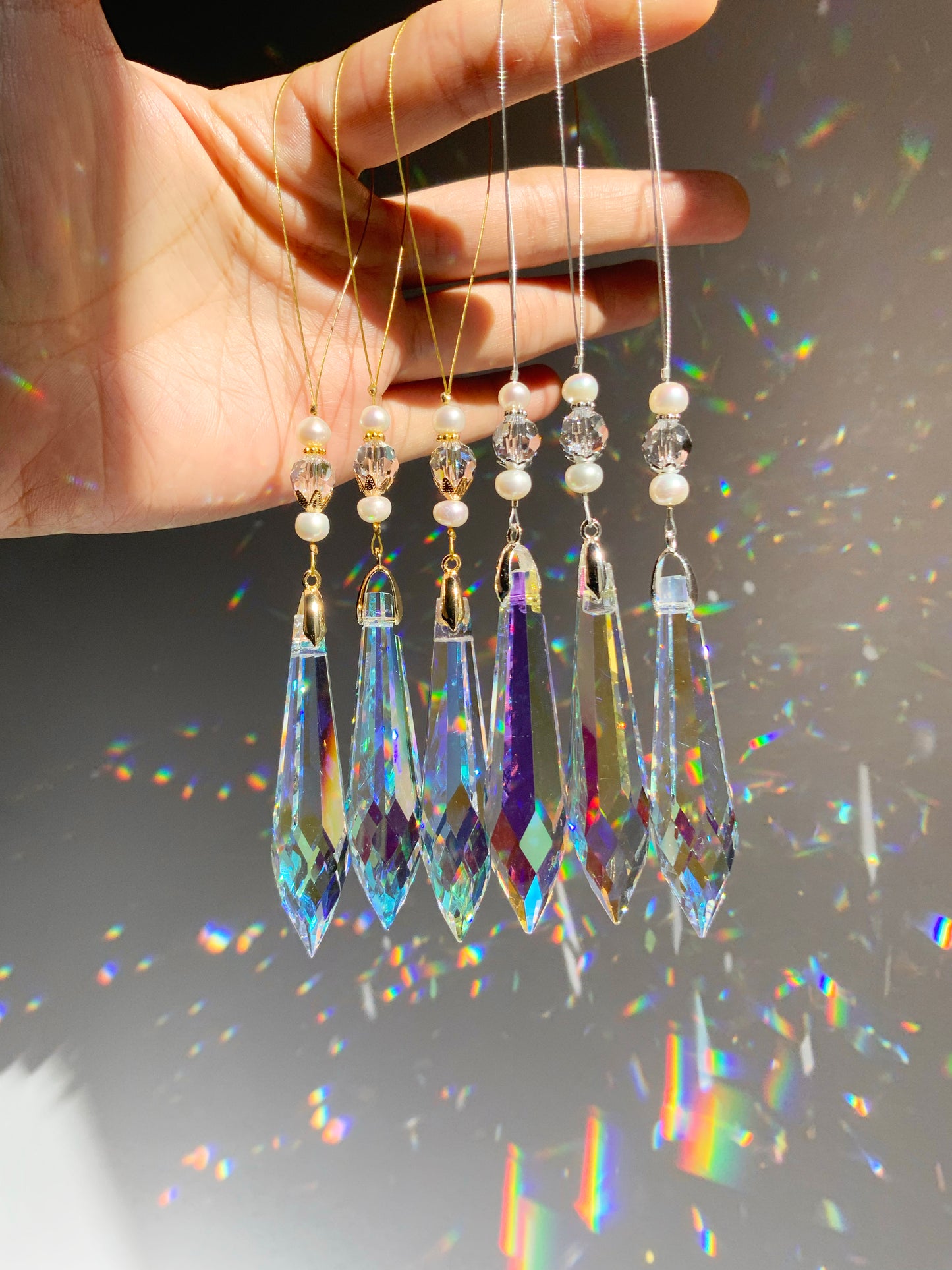 Icicles for Christmas Tree Ornaments ~ Winter Yule Freshwater Pearl, Crystal Prism Suncatcher home decor rainbow maker