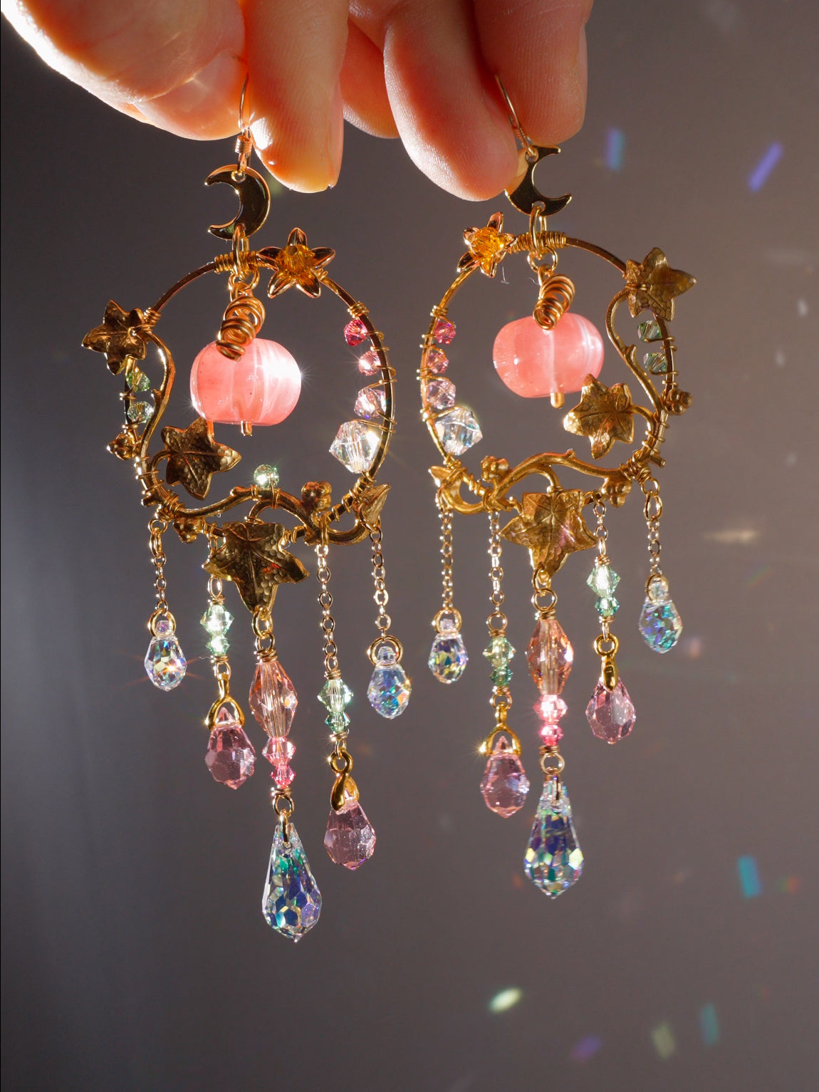 Cherry Quartz Glass "Harvest pumpkin" Earrings, Crystal Prism Gold-plated Brass Suncatcher witchy Halloween Jewelry