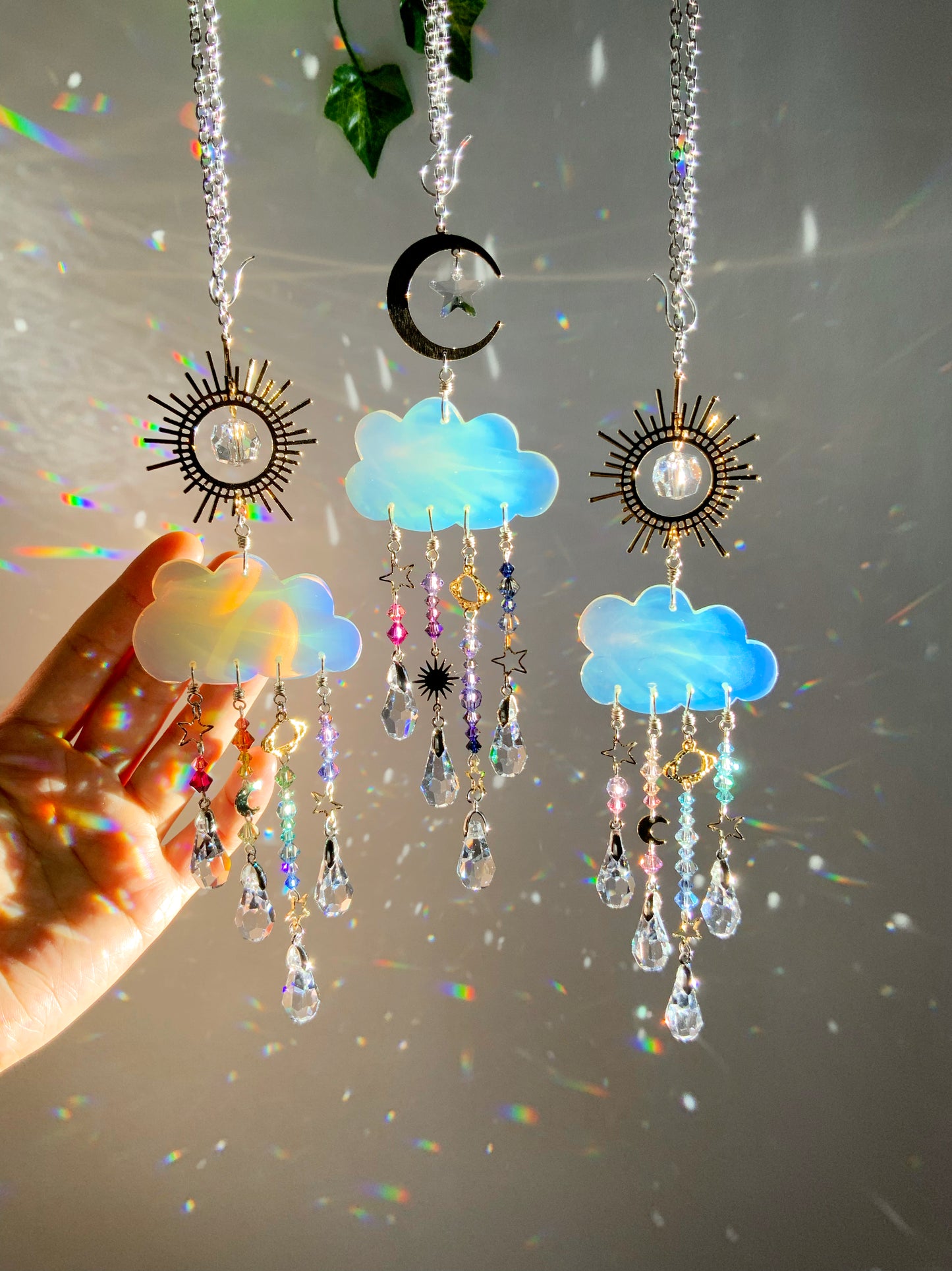 Hand-carved Opalite Rain Cloud Car Charm Suncatcher ~ 18k Gold-Plated, Stainless Steel, ombré Rainbow Crystal prisms