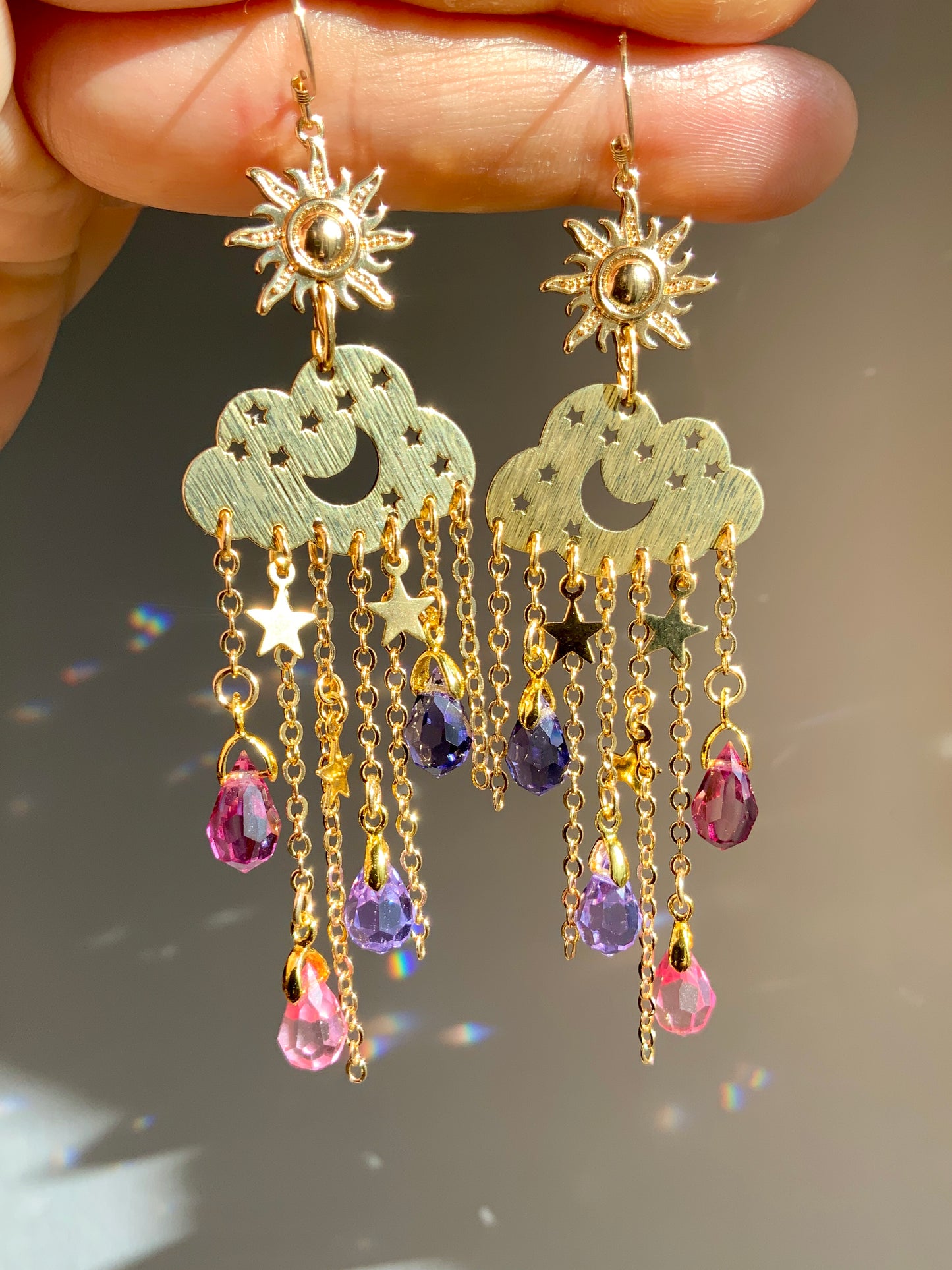 Ombré Sunset Crystal Rain Cloud earrings~ 18k Gold-Plated Sun Moon Celestial prism Suncatcher jewelry