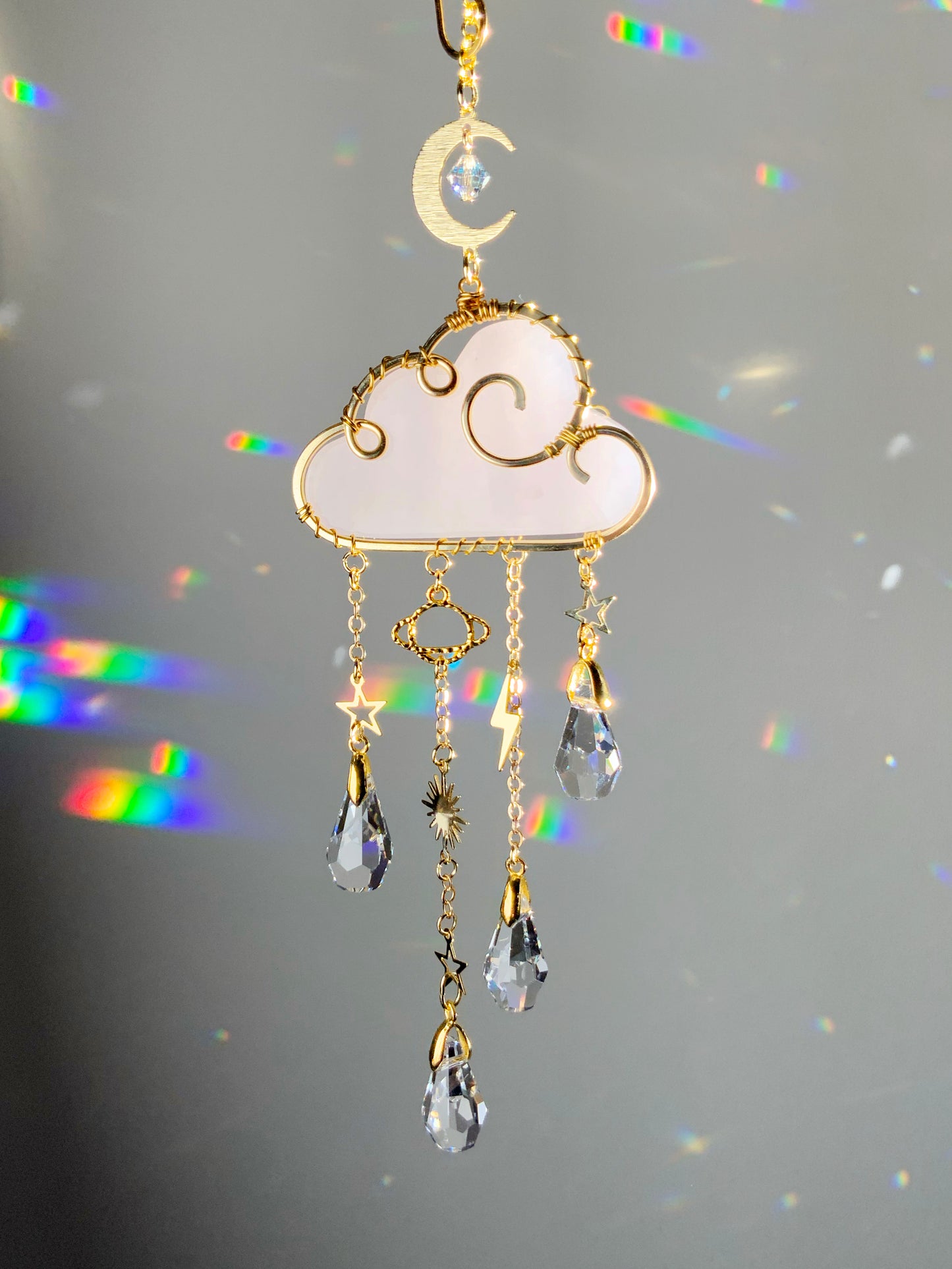 Gemstone Rain Cloud Car Charm Suncatcher ~ 18k Gold-Plated or Stainless Steel, Clear or Rose Quartz, Purple Jade or Lepidolite