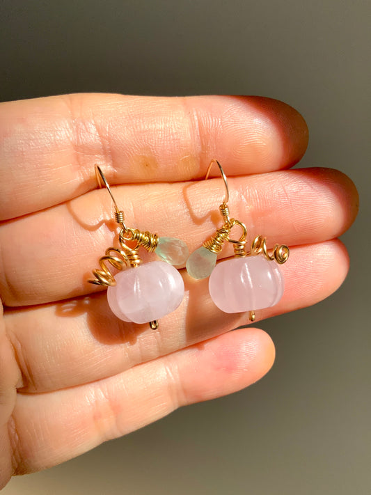 Rose Quartz Prehnite Pumpkin earrings ~ Gemstone Sterling or 14k Gold-Filled witchy Halloween spoopy magical jewelry